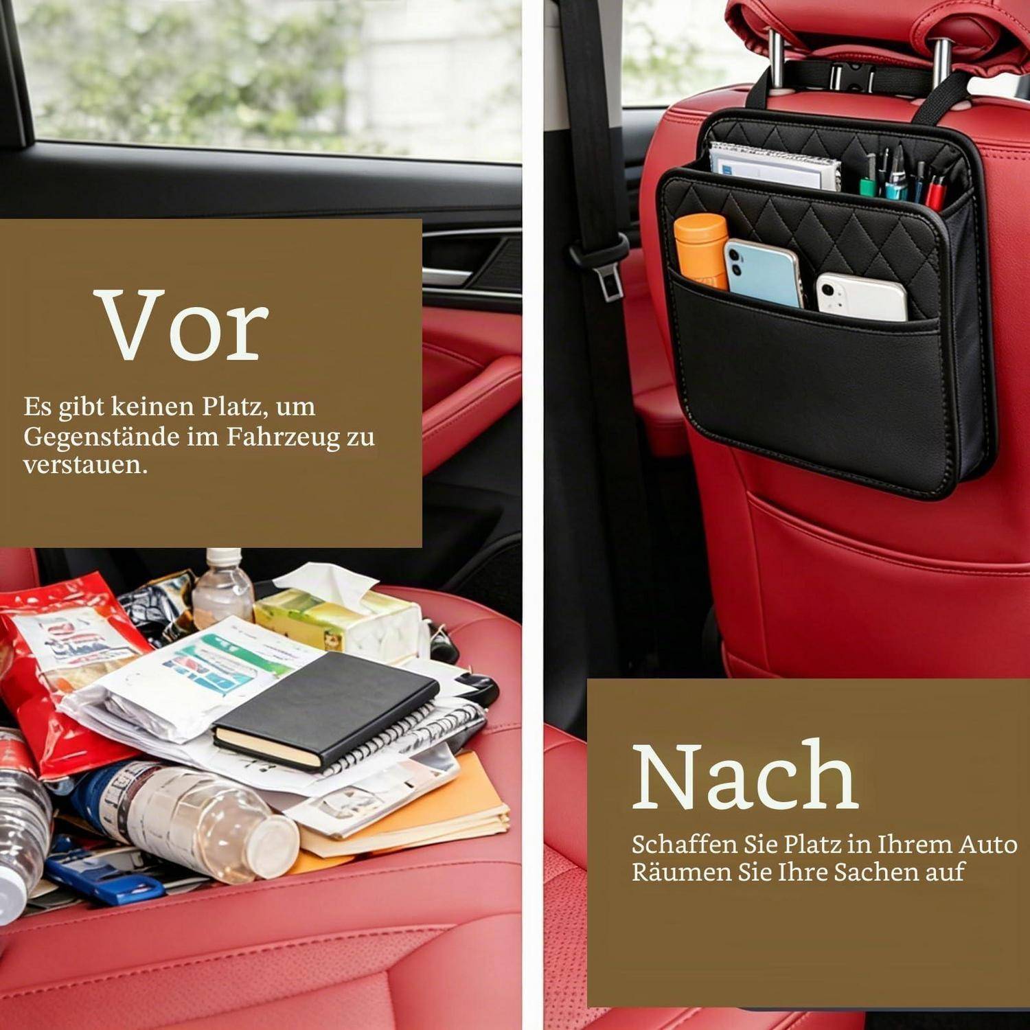 Auto-Organizer Vorher-Nachher: links, unordentlicher Rücksitz mit lockeren Gegenständen; rechts, Rückenlehnen-Aufbewahrungstasche mit ordentlich verstautem Telefon, Stiften und Papieren.