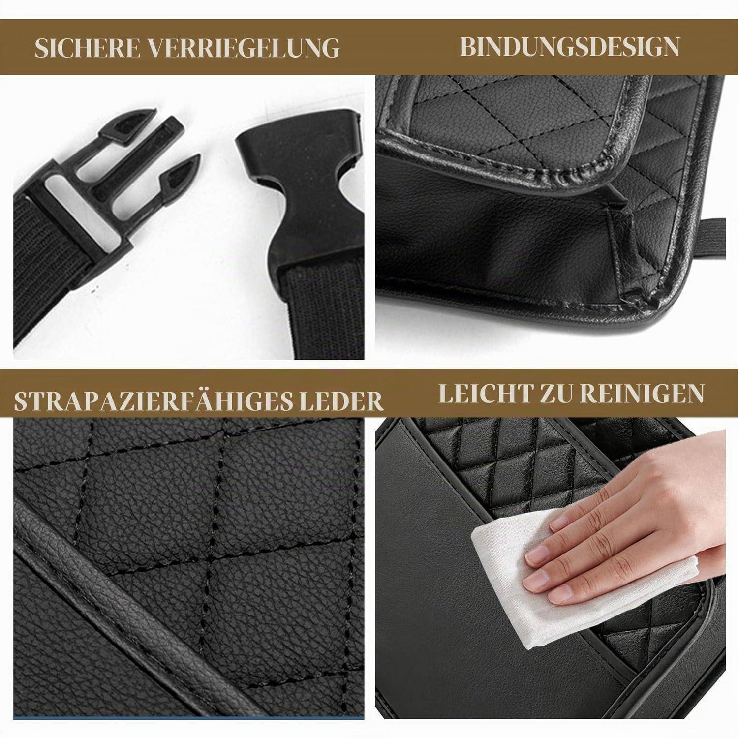 Collage einer schwarzen gesteppten Ledertasche, die sichere Schnallenverschluss, genähte Bindung, langlebiges Leder und leicht zu reinigende Oberfläche zeigt, die mit einem Tuch abgewischt wird.