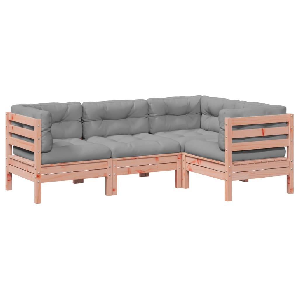 Graues gepolstertes L-förmiges Außen-Ecksofa mit hellem Holzrahmen und Armlehnen auf weißem Hintergrund.