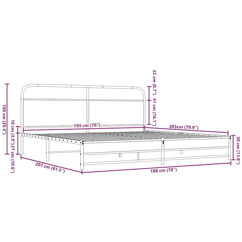 Bemaßte Strichzeichnung eines Metallbettgestells mit Kopfteil, mit einer Gesamtgröße von etwa 203 cm Länge, 198 cm Breite und 100 cm Höhe, mit beschrifteten Komponentenmessungen.