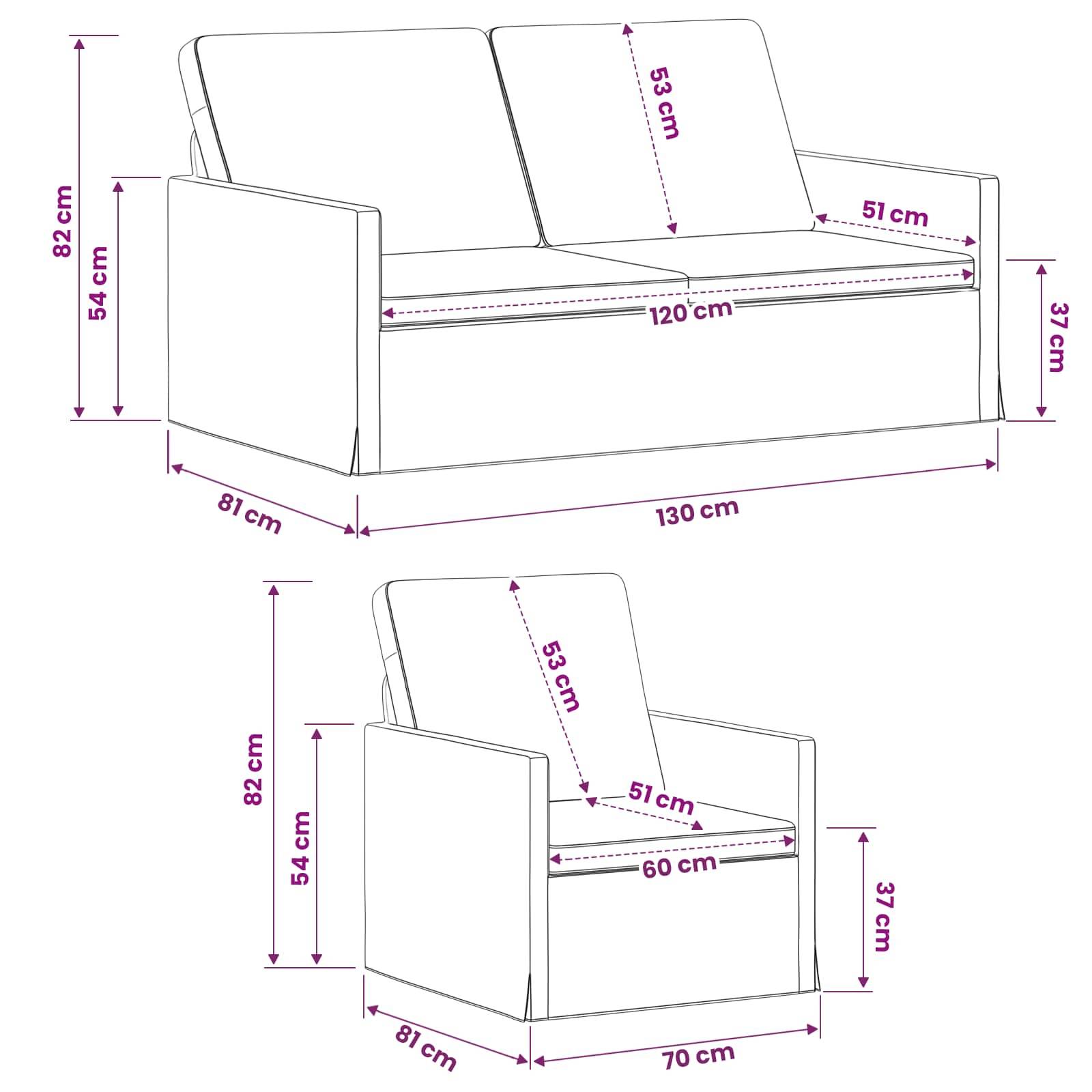 Illustrierte Sofa-Skizze mit offener und geschlossener Position und Maßangaben in cm: 130x81x82 Gesamtabmessungen, 120 cm Sitzbreite, 54 cm Sitzhöhe, 37 cm Armlehnenhöhe; geschlossene Breite 70 cm.