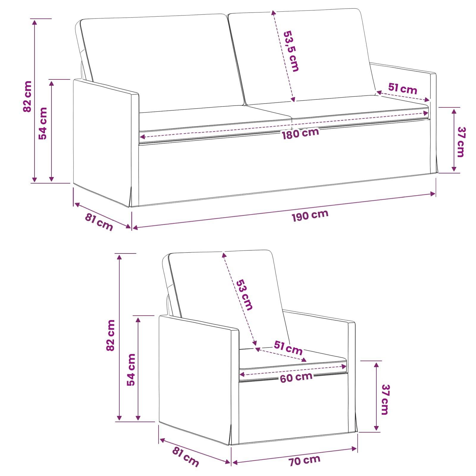 Strichzeichnung eines Schlafsofa mit Abmessungen: Sofa 190 x 81 x 82 cm, Sitzfläche 180 cm breit; Sessel-Konfiguration 70 x 81 x 82 cm, Sitzfläche 60 cm breit.