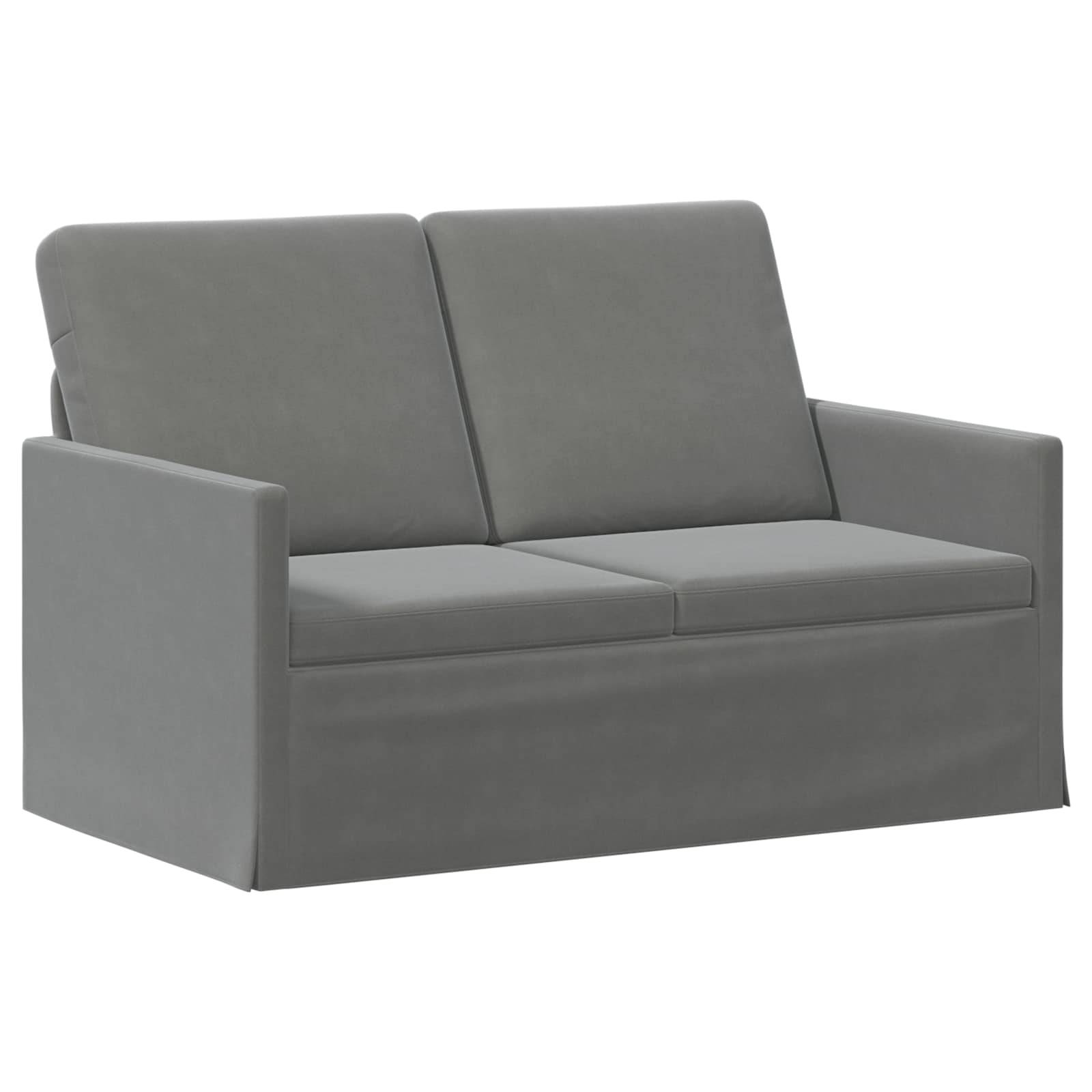 Graues Zweisitzer-Sofa mit kantigen Armlehnen und gepolstertem Rückenteil, vor weißem Hintergrund gezeigt.