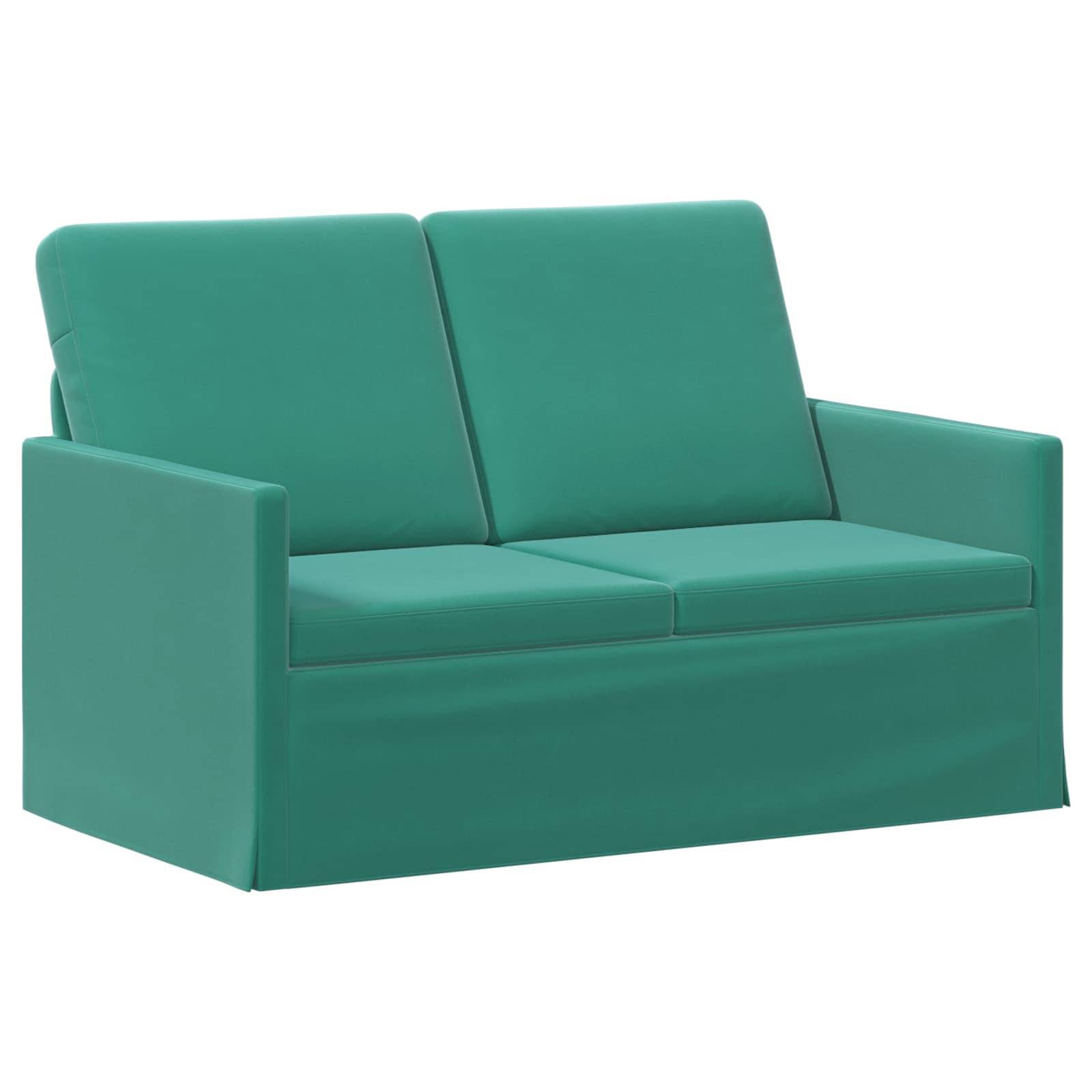 Tealfarbenes Zweisitzer-Sofa mit kantigen Armlehnen und zwei Rückenkissen auf weißem Hintergrund.