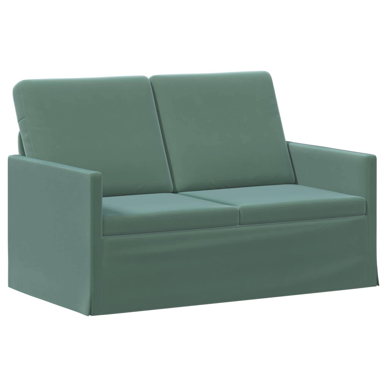 Ein grünes Zweisitzer-Sofa mit kastenförmigen Armlehnen und einem schlichten gepolsterten Design auf weißem Hintergrund.