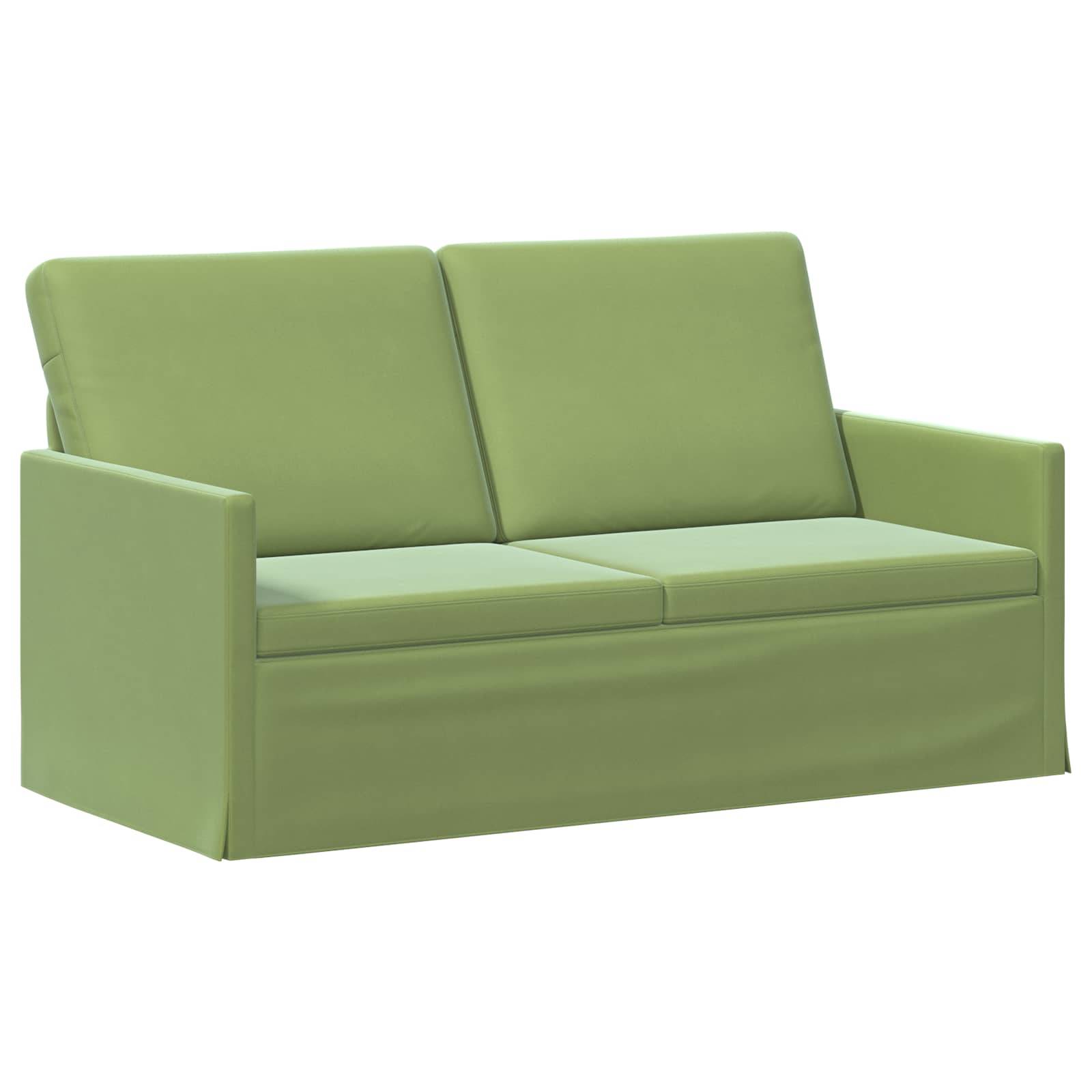 Hellgrünes zweisitziges Sofa mit kantigen Armlehnen und zwei Rückenkissen auf weißem Hintergrund.