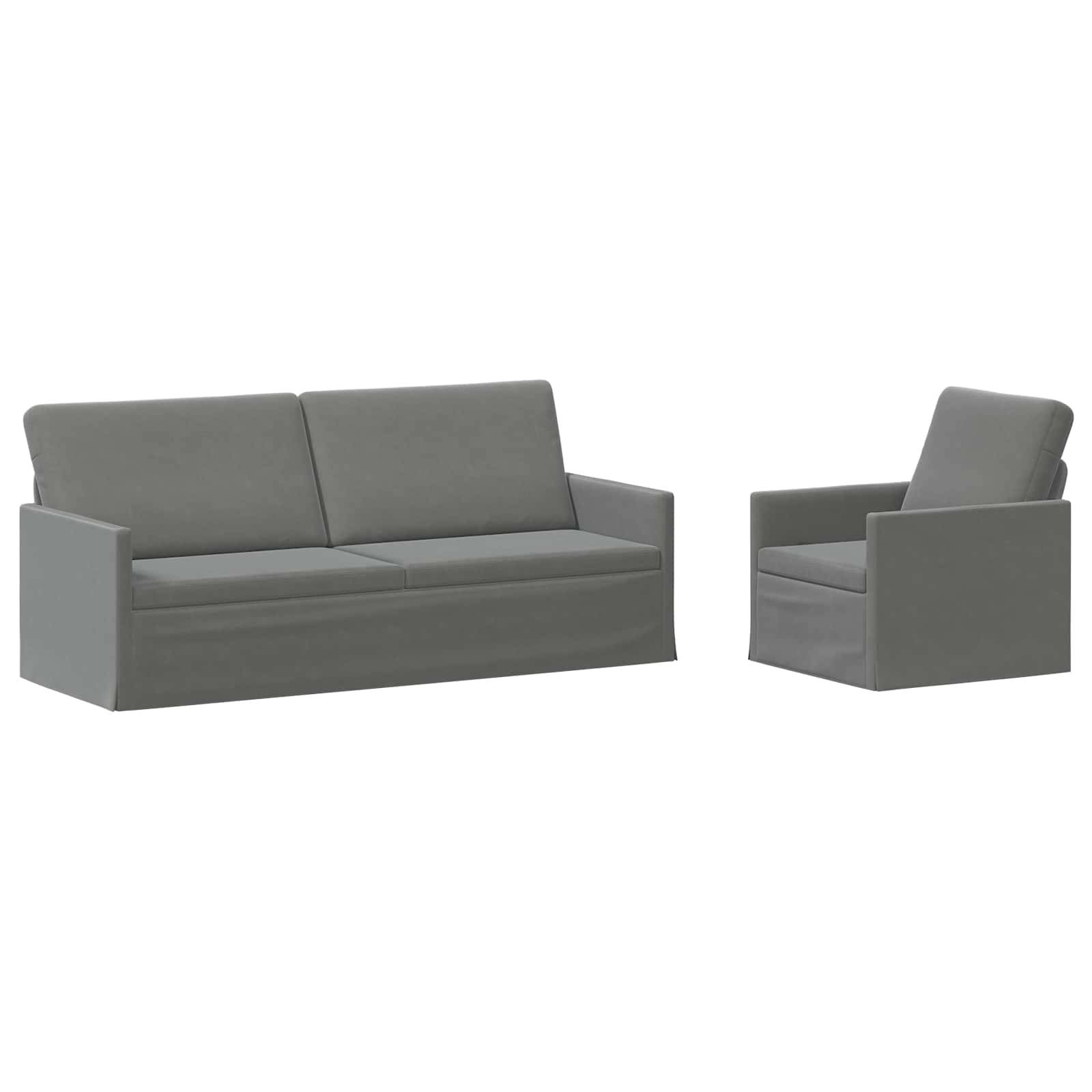 Grau gepolstertes Sofa und passender Sessel auf weißem Hintergrund dargestellt.
