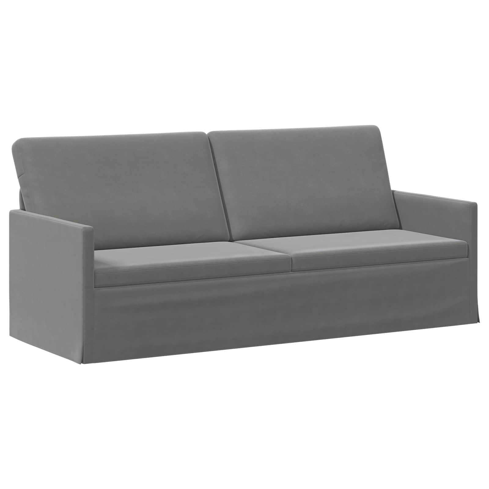 Graues zweisitziges Sofa mit kantigen Armlehnen und niedriger Rückenlehne auf weißem Hintergrund.