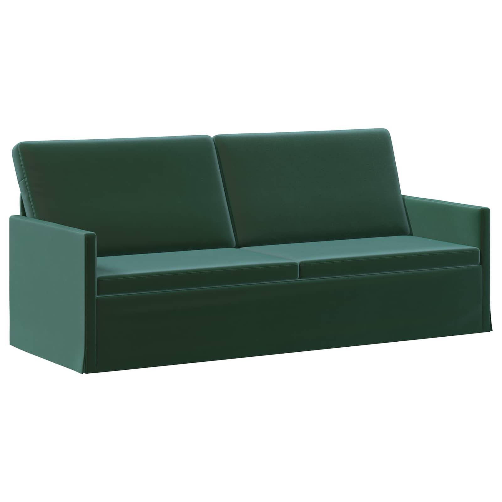 Grünes Polstersofa mit kantigen Armlehnen und zwei Sitzkissen, vor weißem Hintergrund dargestellt.