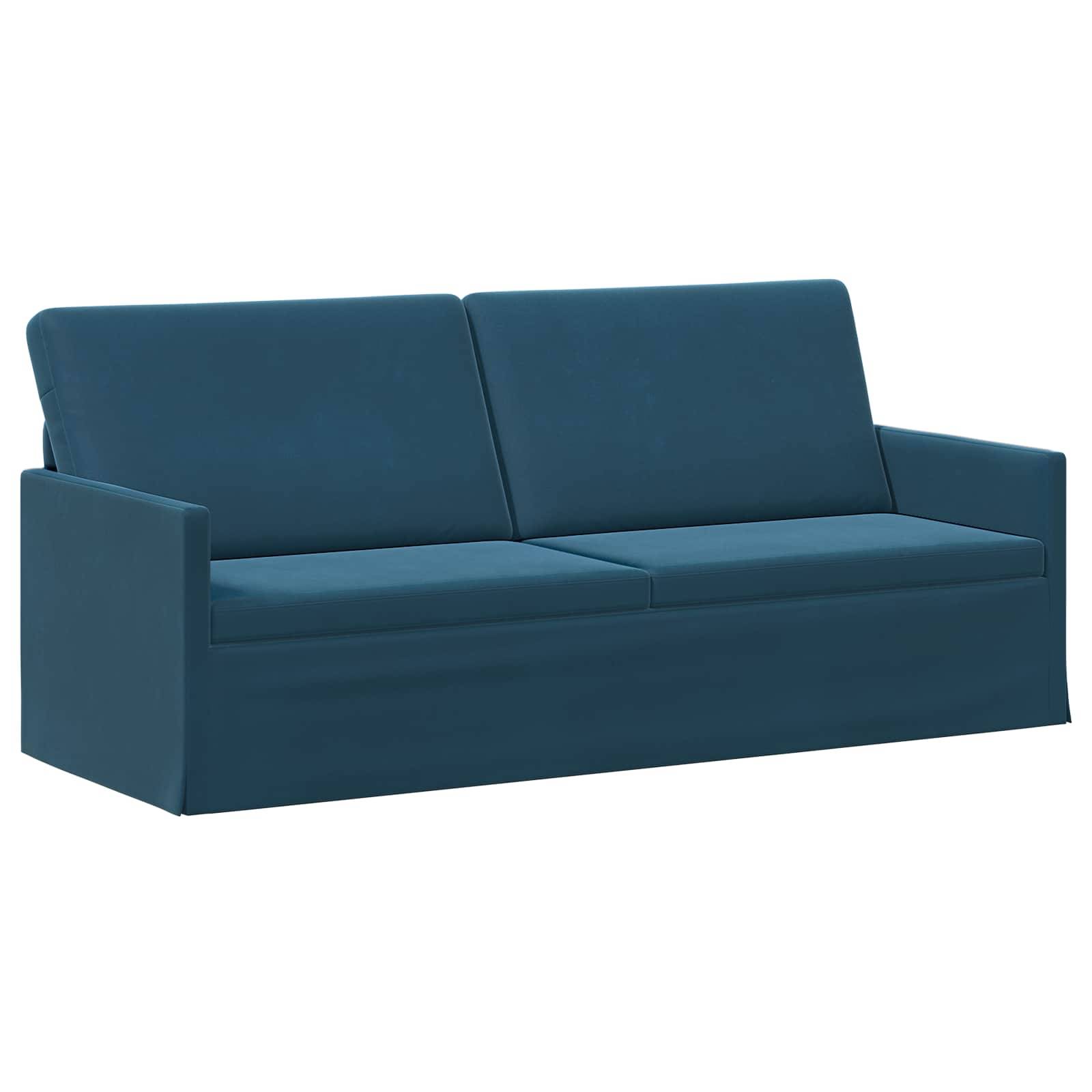 Blaues Zweisitzer-Sofa mit kastenförmigen Armlehnen und gepolsterter Rückenlehne, freigestellt auf weißem Hintergrund.