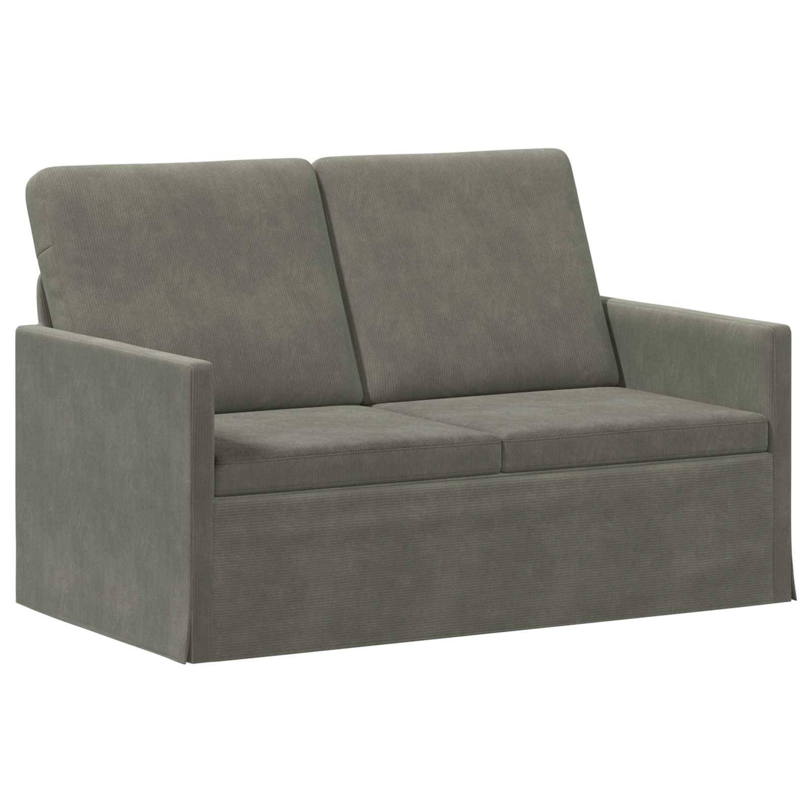 Graues Zweisitzer-Sofa mit schlicht modernem Design und kastenförmigen Armlehnen, dargestellt vor weißem Hintergrund.