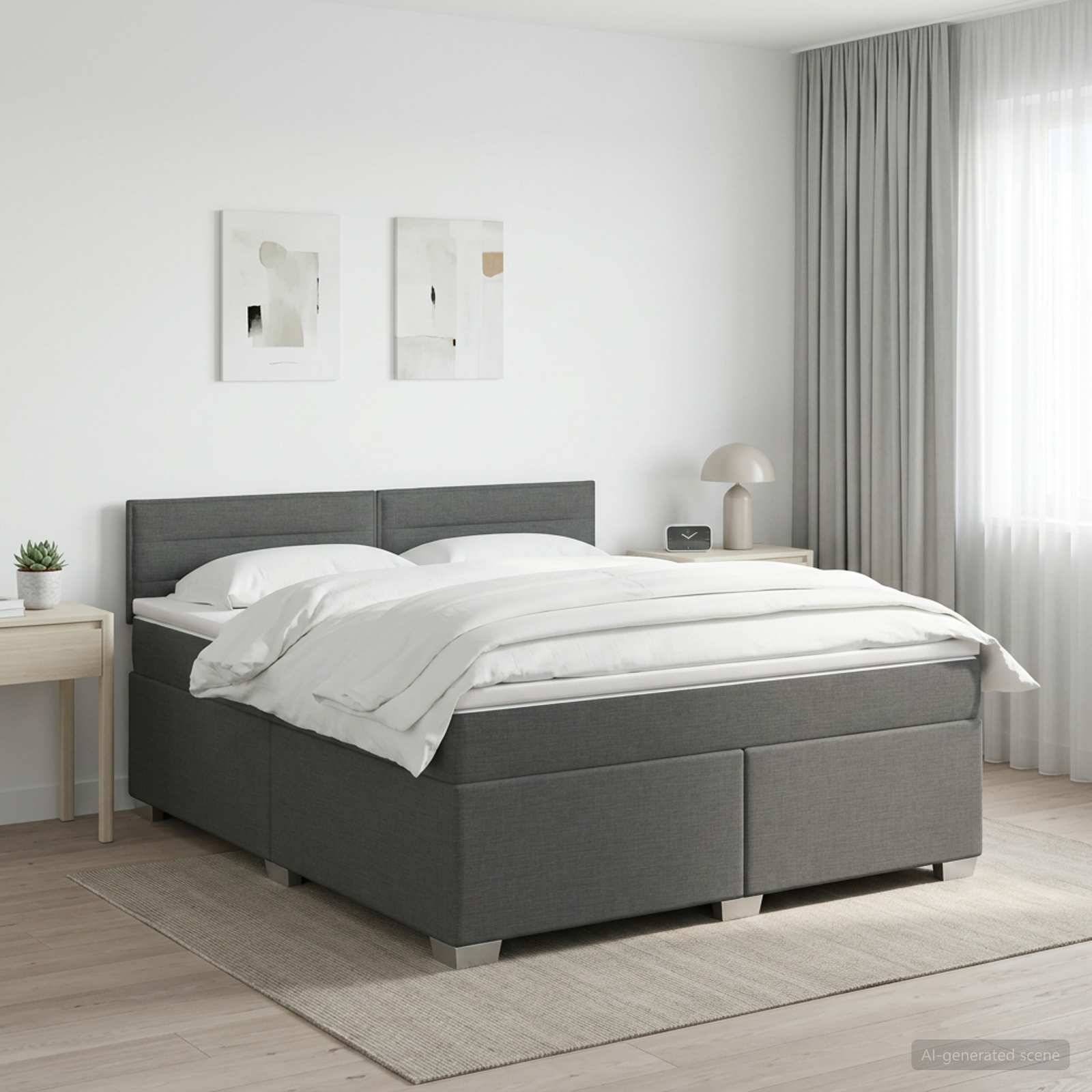 Minimales Schlafzimmer mit einem grau gepolsterten Bett, weißer Bettwäsche, Nachttischen, gerahmten Wandbildern und sanftem Tageslicht durch halbtransparente Vorhänge.