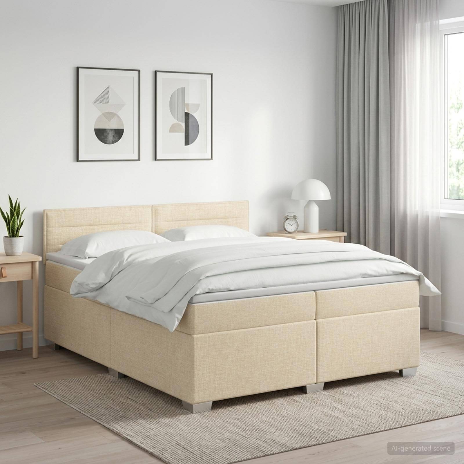 Minimales beiges Polsterbett in einem hellen modernen Schlafzimmer mit weißer Bettwäsche, Nachttischen, gerahmten Wandbildern und transparenten Vorhängen.