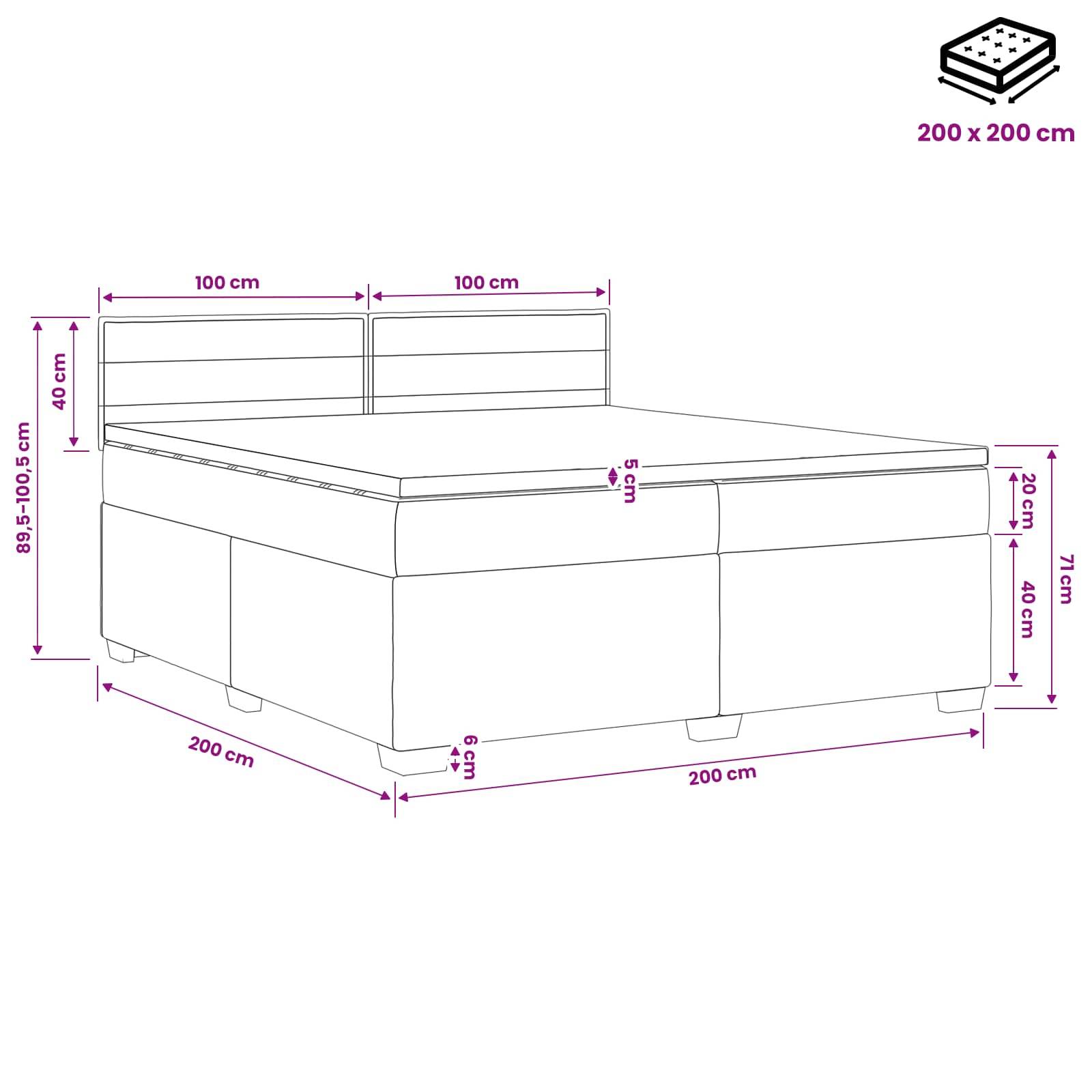 Maßstabgetreue Linienzeichnung eines Bettes mit 200 x 200 cm Matratze, das Kopfteil, Rahmen und Maße für Breite, Länge, Höhe und Fußfreiheit zeigt.