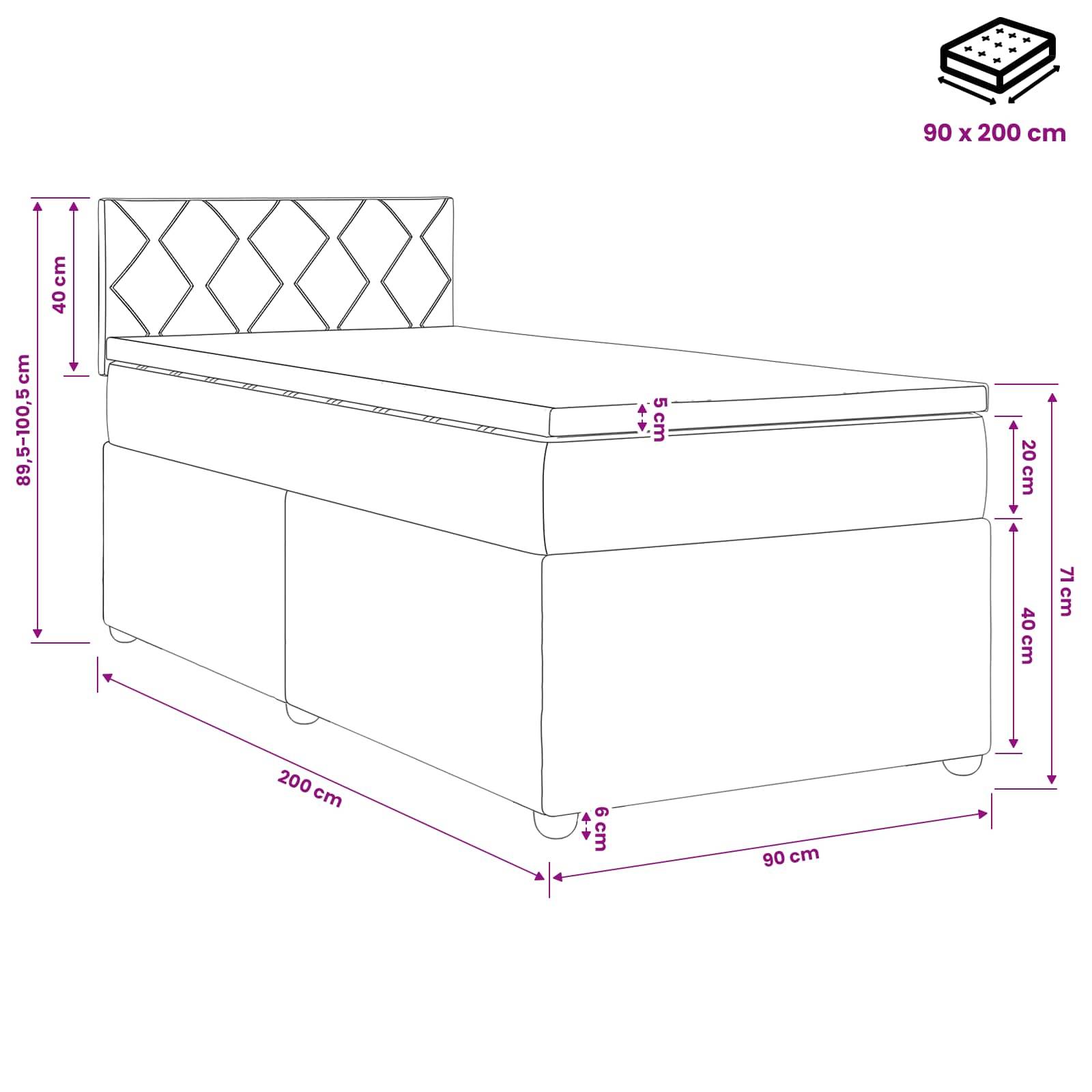 Maßstabzeichnung eines gepolsterten Einzelbetts/einer Bank mit gemustertem Kopfteil, beschriftet mit 200 cm Länge und 90 cm Breite, mit markierten Höhen- und Bauteilabmessungen.