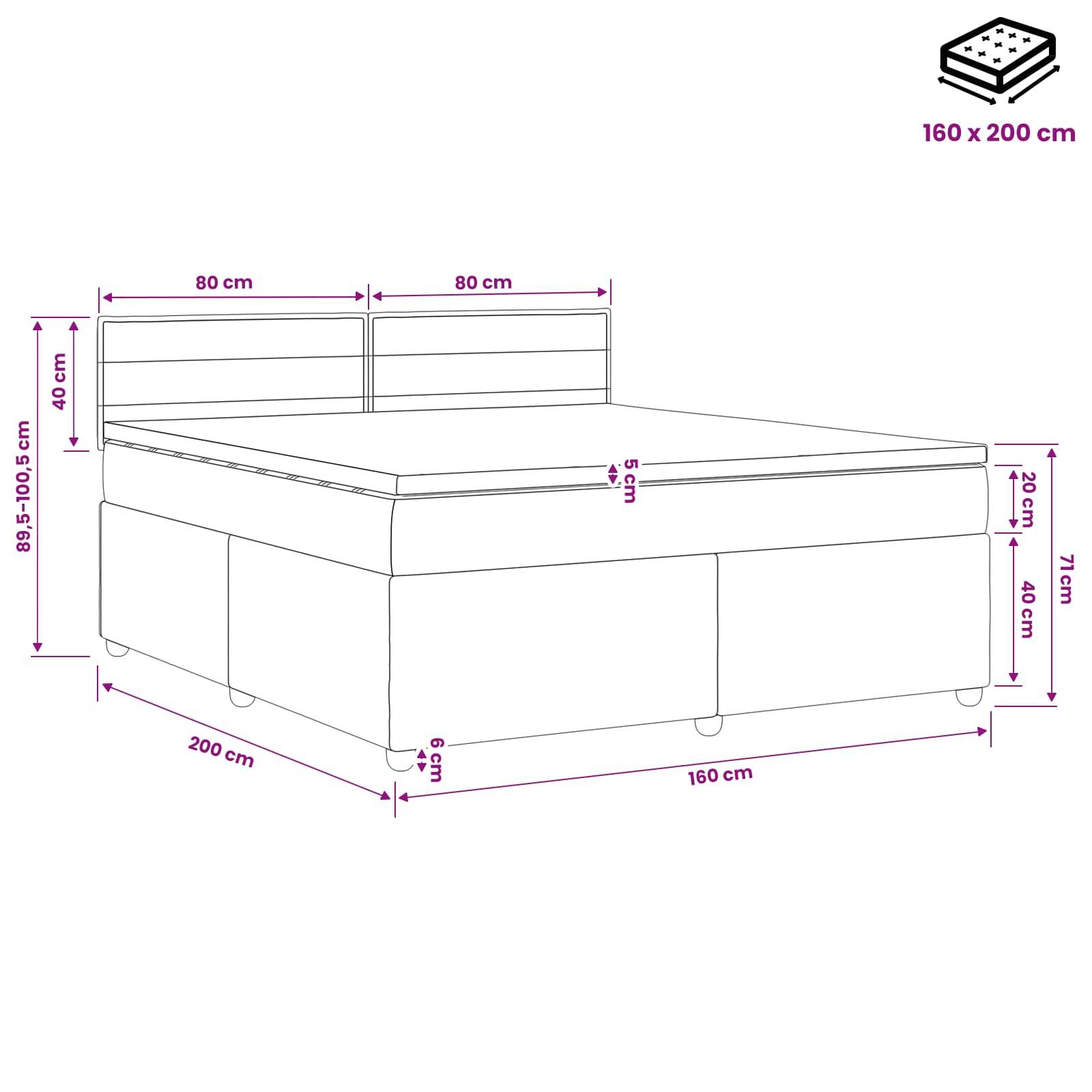 Dimensioniertes Bettdiagramm mit einer 160 x 200 cm Matratze, 160 cm breit und 200 cm lang, mit einer Kopfteilehhöhe von 95-100,5 cm und einer Fußteilehhöhe von 40 cm.