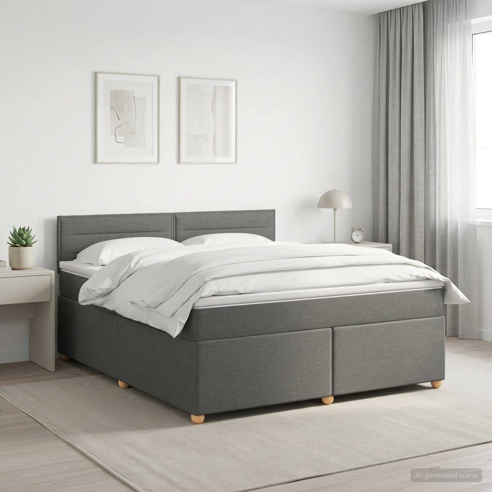 Modernes Schlafzimmer mit einem grau gepolsterten Bett, bezogen mit weißer Bettwäsche, neben einem kleinen Tisch, einer Lampe und einem Fenster mit Vorhängen.