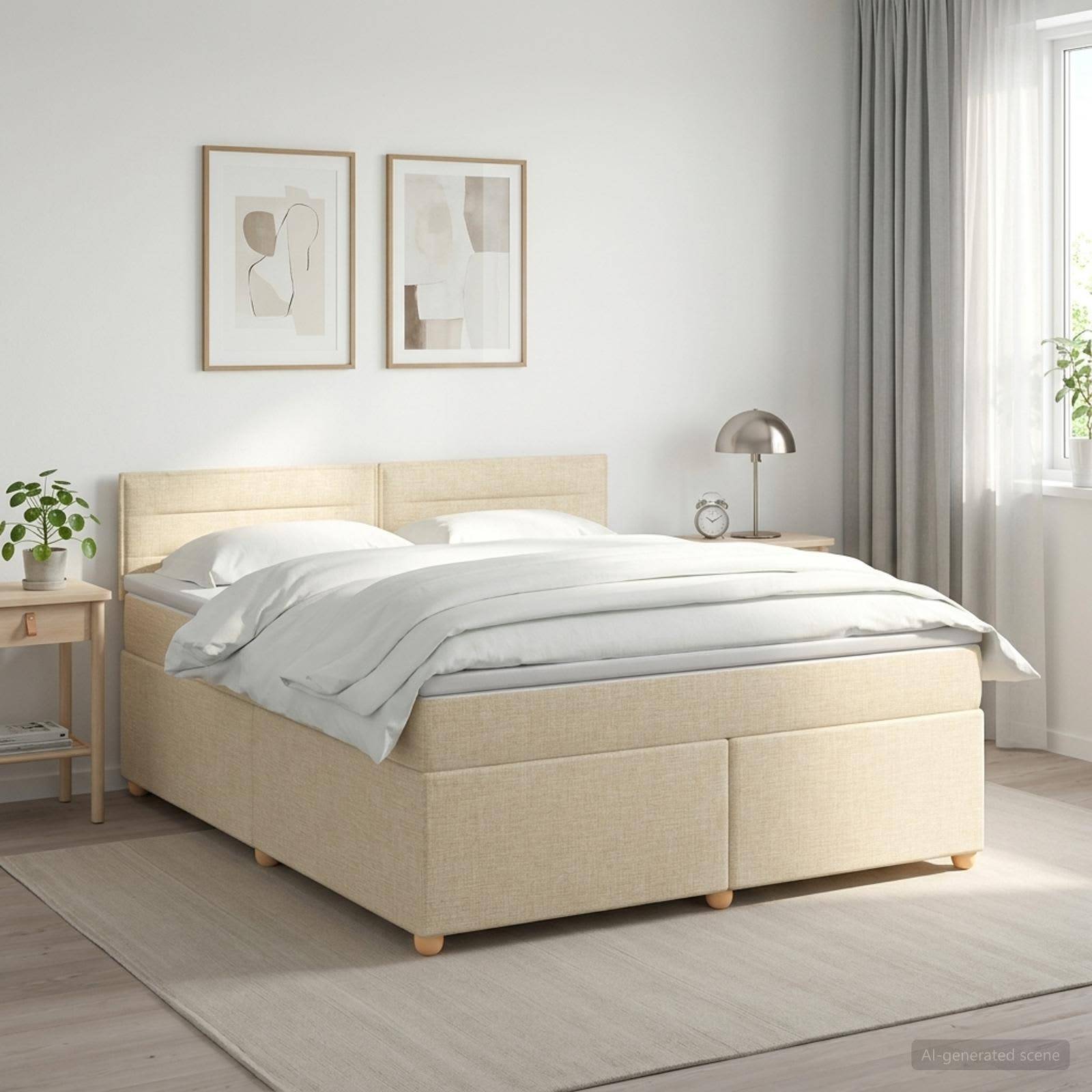 Helles minimalistisches Schlafzimmer mit beigem gepolstertem Bett, weißer Bettwäsche, gerahmten Wandbildern, Nachttischen, Lampe, Pflanze und Fensterlicht.