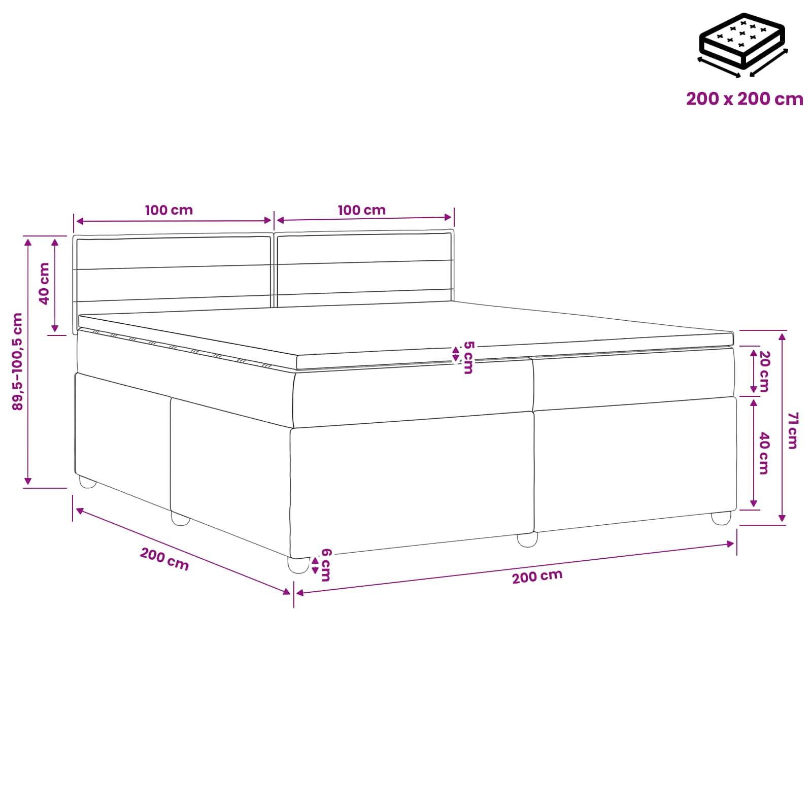 Linienzeichnung eines Bettes mit Kopfteil und Matratze mit Beschriftung 200 x 200 cm, die Gesamtabmessungen und Messungen für Höhe und Rahmenbauteile zeigt.