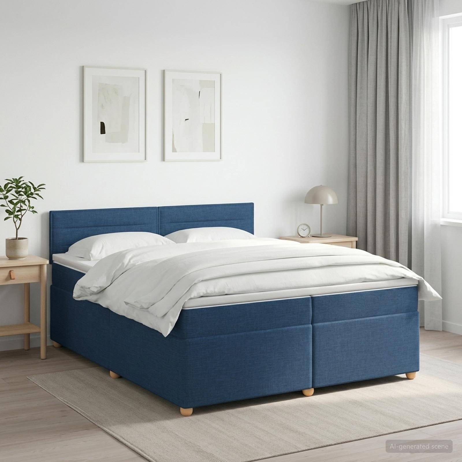 Ein modernes Schlafzimmer mit einem blau gepolsterten Bett, weißer Bettwäsche, zwei Nachttischen, Wandkunst im Rahmen und leichten Vorhängen an einem hellen Fenster.