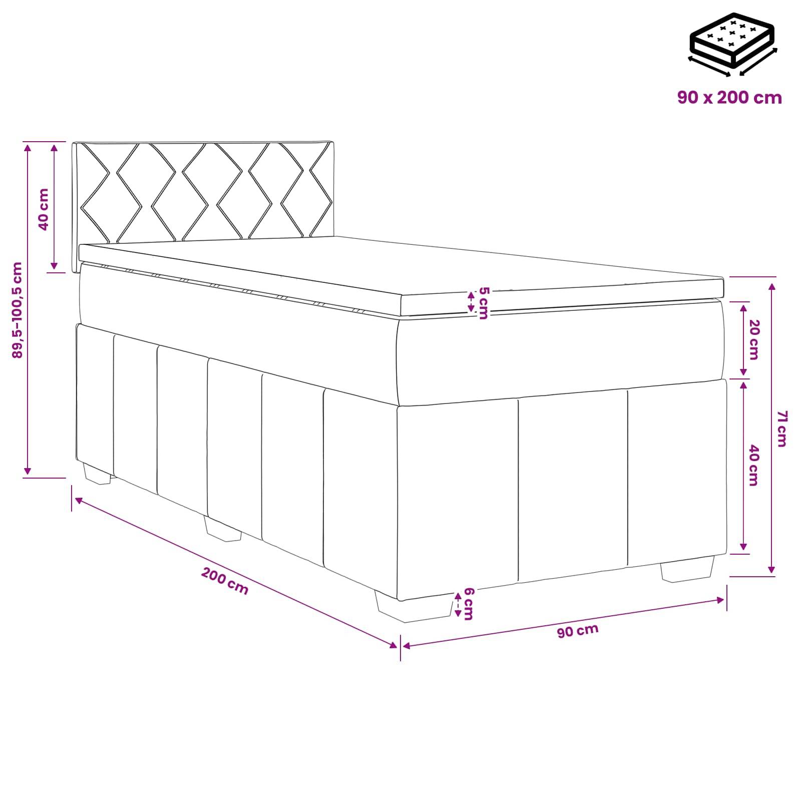 Abbildung eines einzelnen gepolsterten Bettes mit Kopfteil, mit folgenden Maßen: 200 cm lang, 90 cm breit, 71 cm hoch, Matratze 90 x 200 cm.