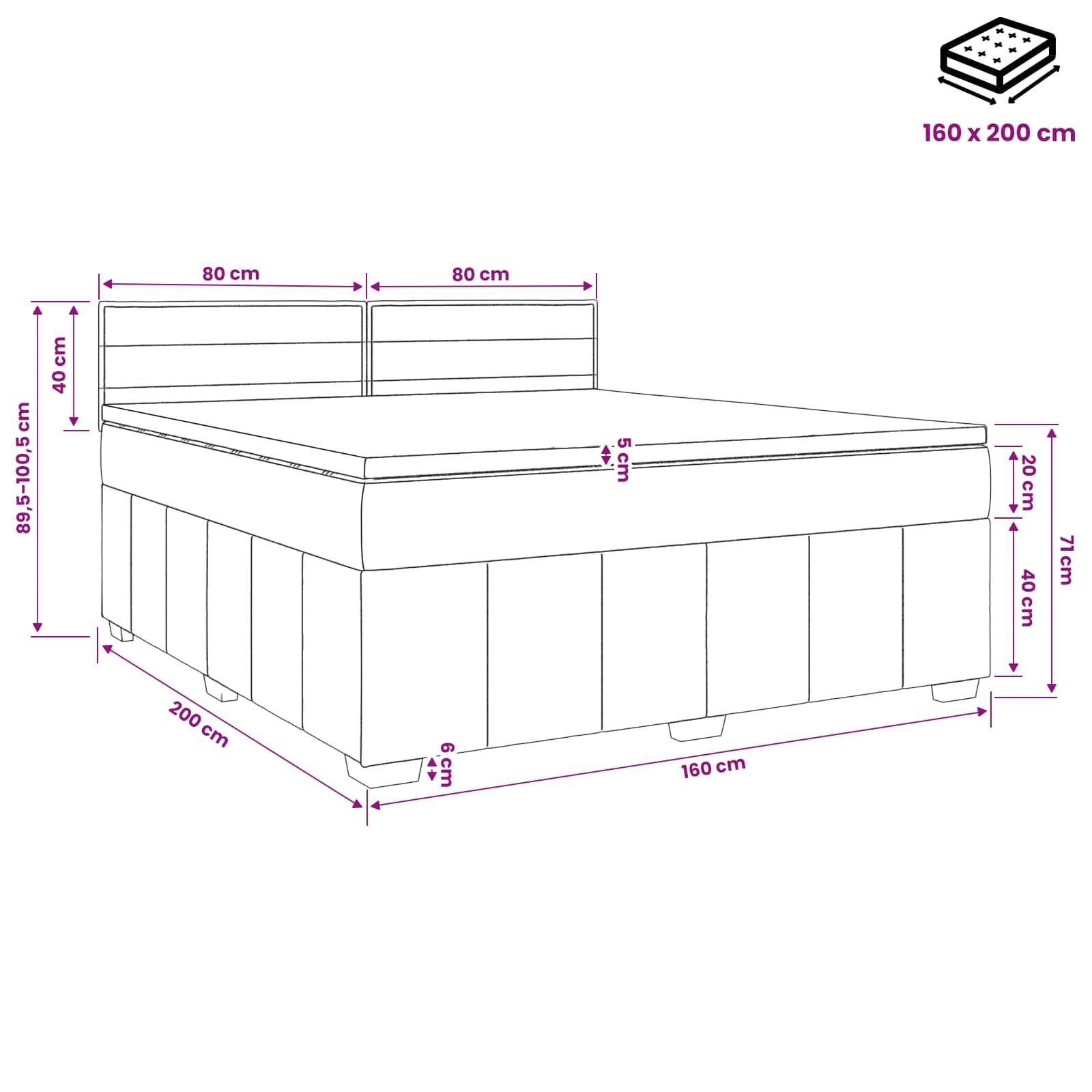 Diagramm eines Doppelbetts mit der Bezeichnung „160 x 200 cm" mit markierten Abmessungen für Breite, Länge, Kopfteilhöhe, Sockelhöhe und Bodenfreiheit.
