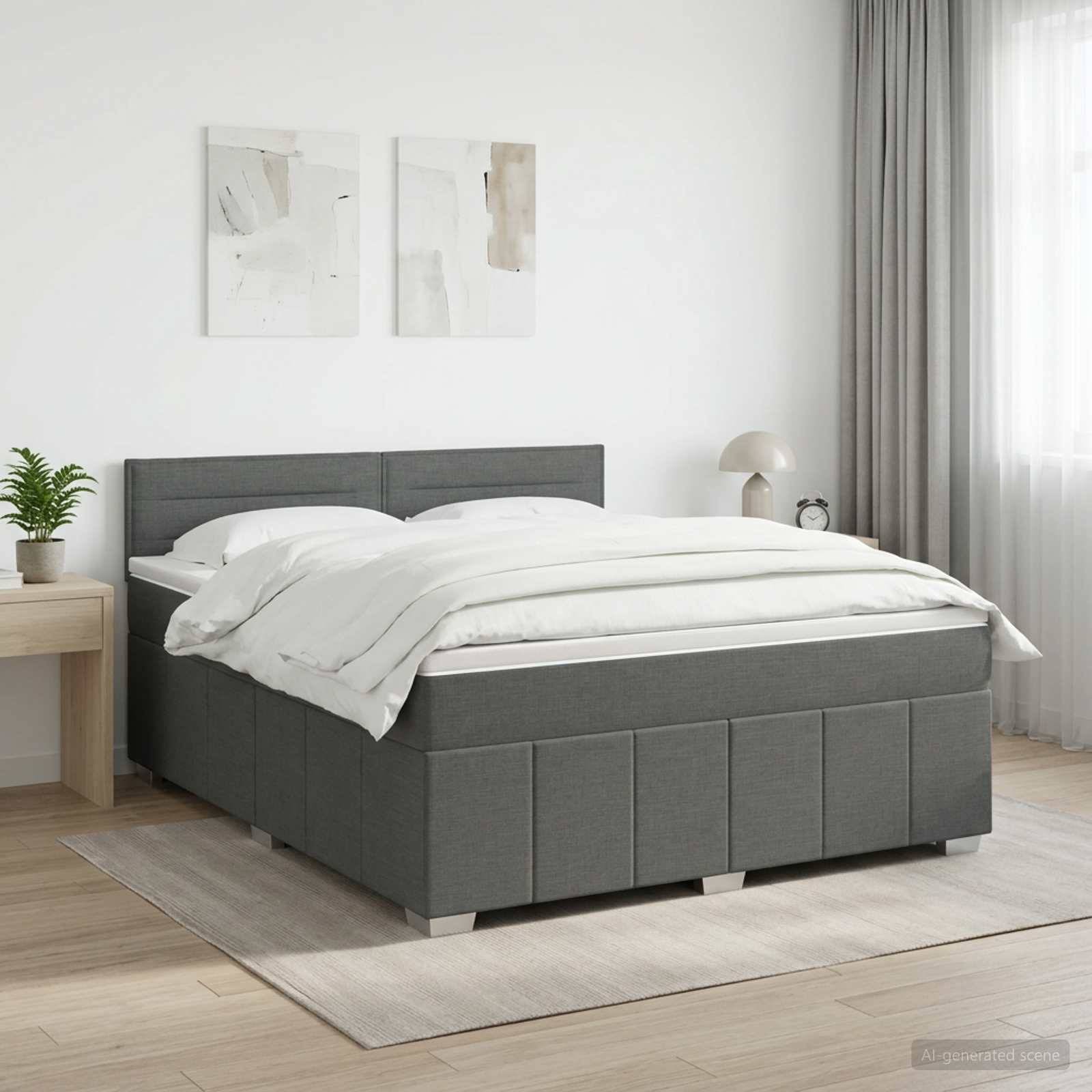 Ein modernes grau gepolstertes Bett mit weißer Bettwäsche in einem minimalistischen Schlafzimmer, neben einem Nachttisch, einer Lampe, einer Pflanze und durchsichtigen Vorhängen.