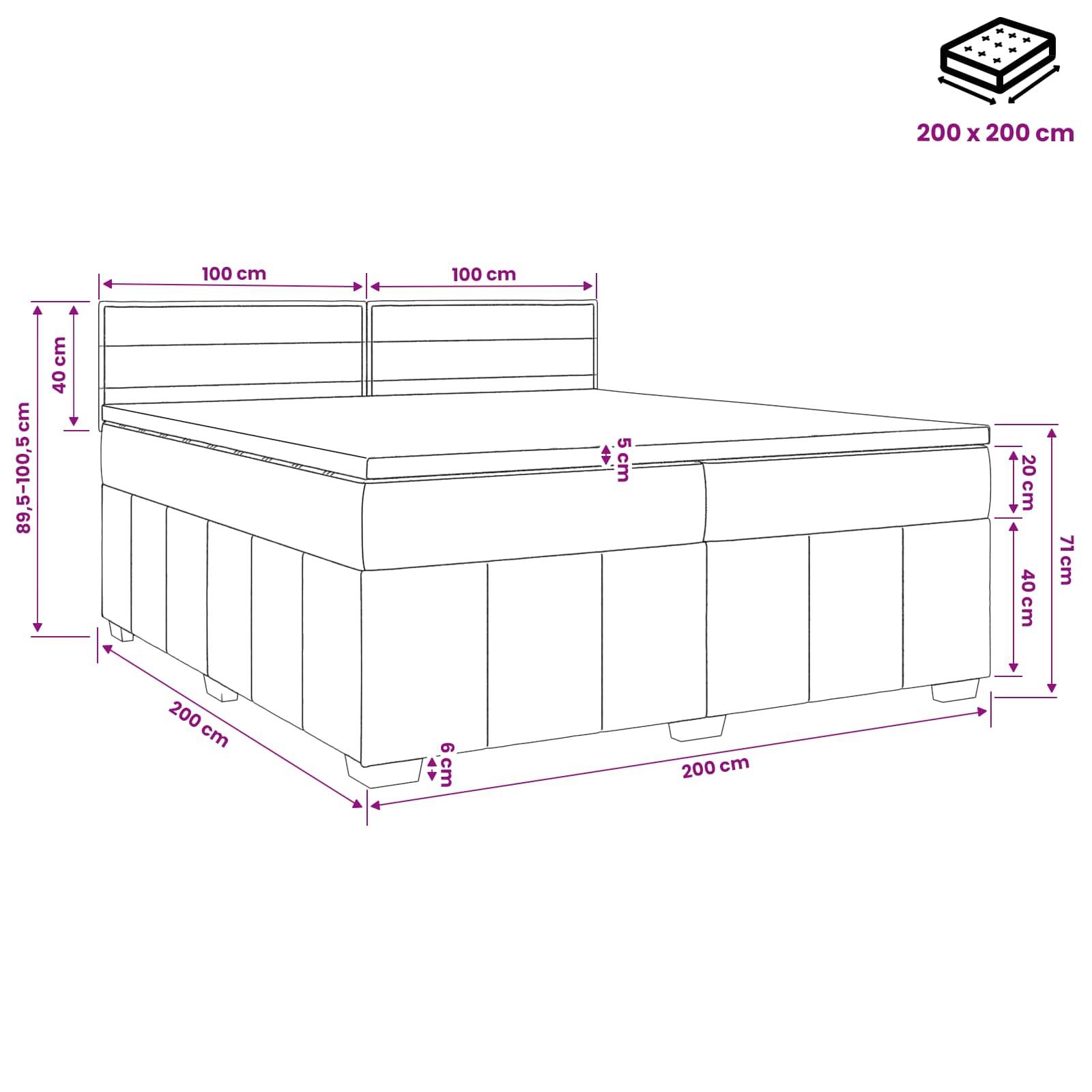 Annotiertes Diagramm eines Bettes mit Abmessungen für eine 200 x 200 cm Matratze, mit Höhenmessungen und Kopfteilbreiten in Zentimetern gekennzeichnet.