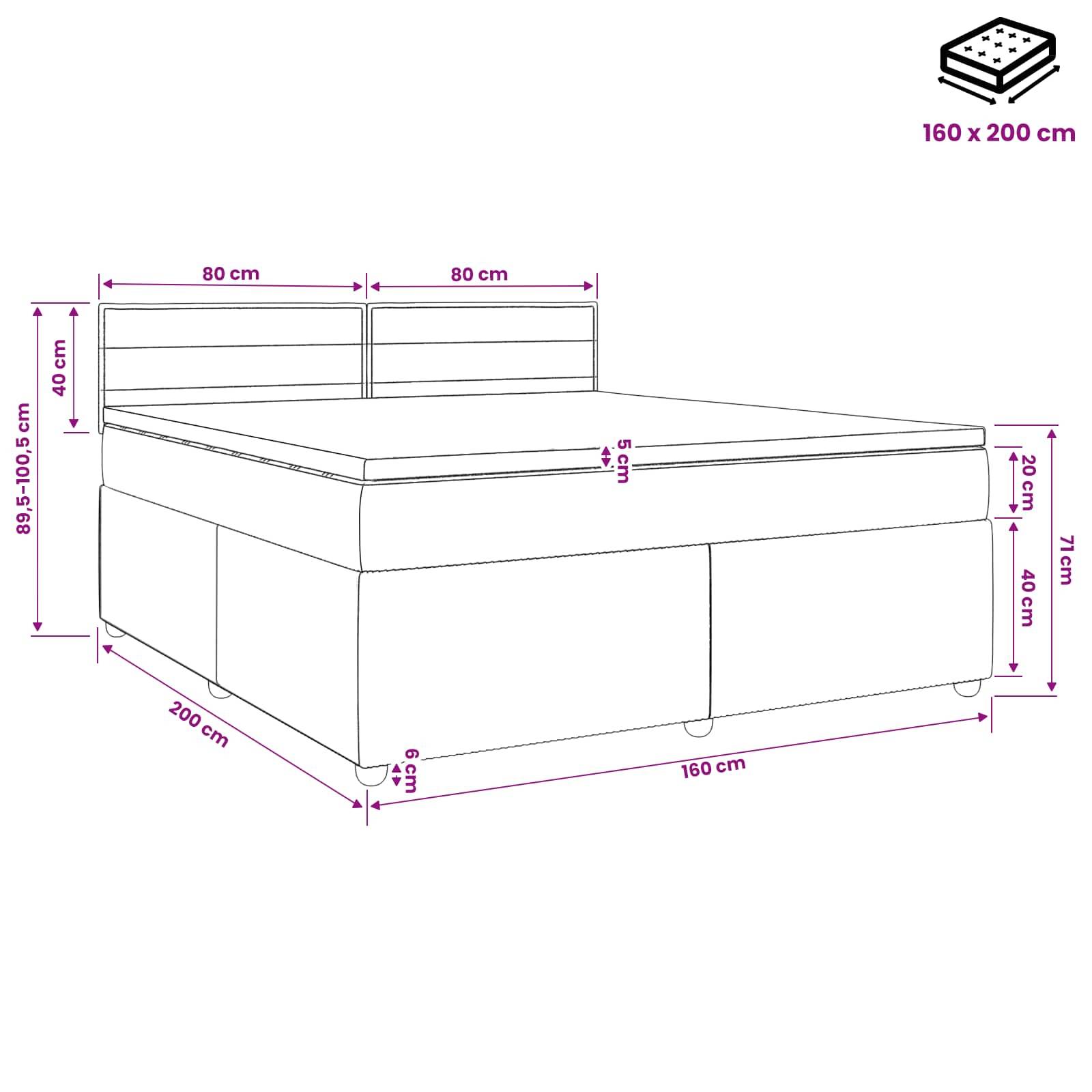 Technisches Diagramm eines Bettes mit Abmessungen in Zentimetern: 160 x 200 cm Matratze, 200 cm Länge, 160 cm Breite und beschriftete Kopfteil-/Betthöhen.