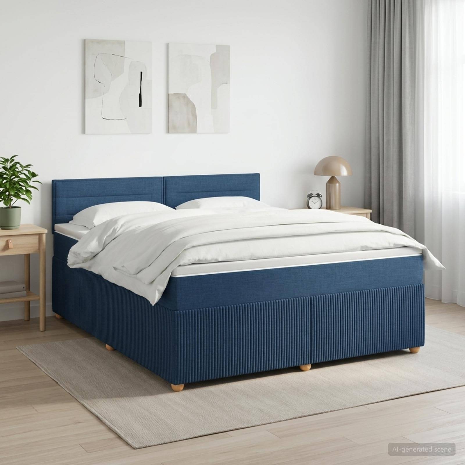 Modernes Schlafzimmer mit einem blau gepolsterten Bett, das mit weißer Bettwäsche bezogen ist, flankiert von Nachttischen, Kunstwerken und weichen Vorhängen.