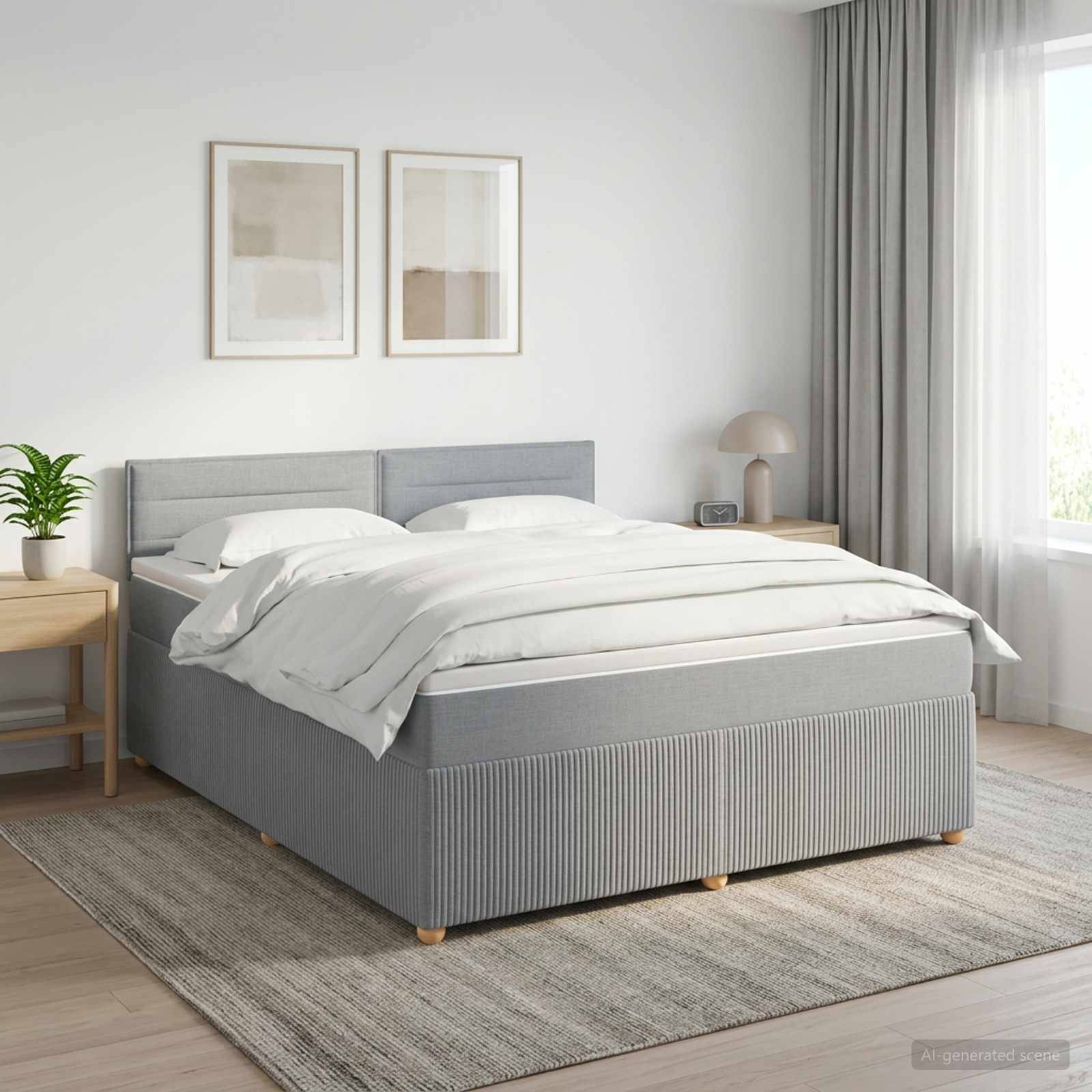 Minimalistisches Schlafzimmer mit einem grau gepolsterten Bett, weißer Bettwäsche, Nachttisch, Pflanze, gerahmter Wandkunst und großem Fenster mit Vorhängen.