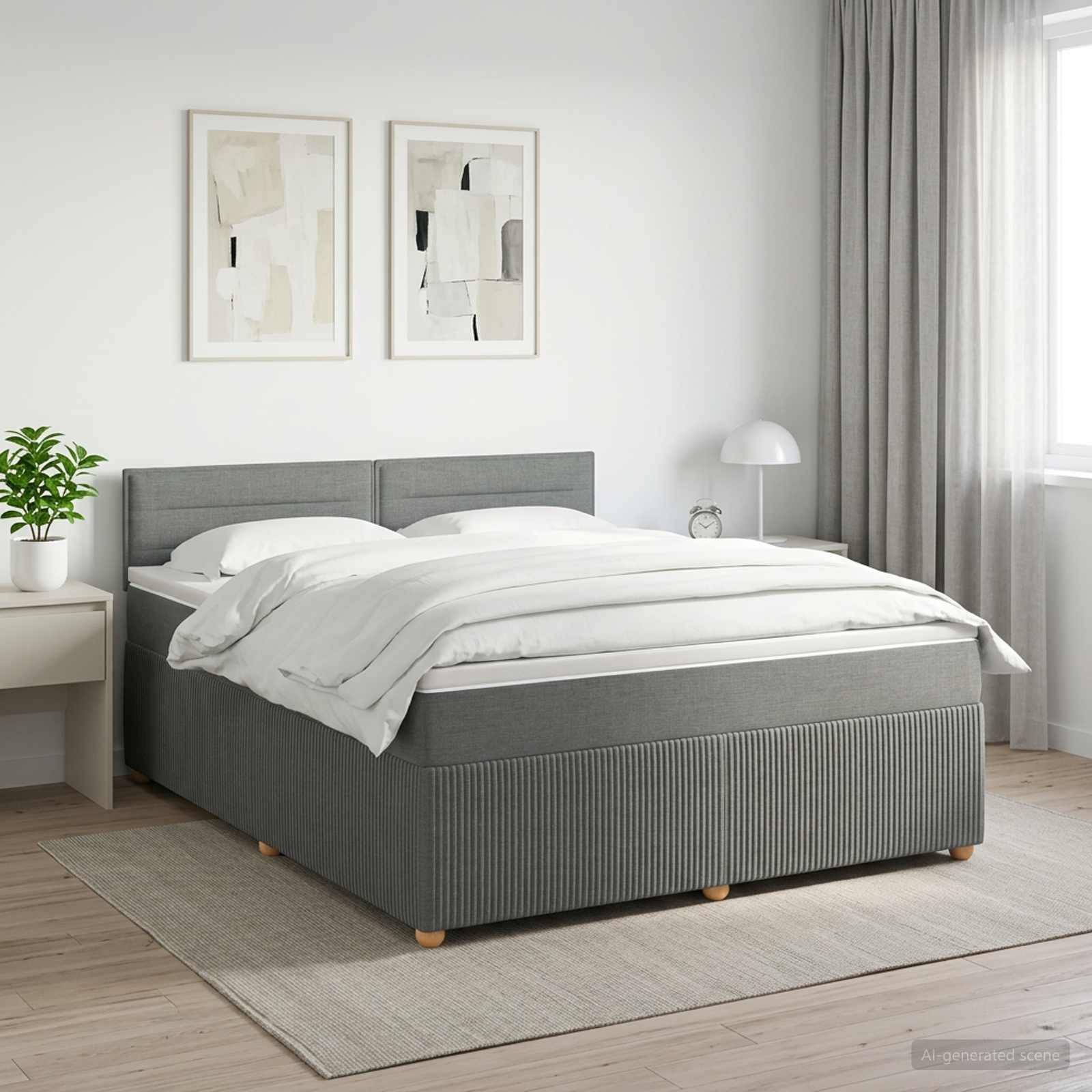 Minimales Schlafzimmer mit einem grau gepolsterten Bett, weißer Bettwäsche, Nachttisch, Lampe, gerahmtem Wandbild und weichen Vorhängen neben einem hellen Fenster.