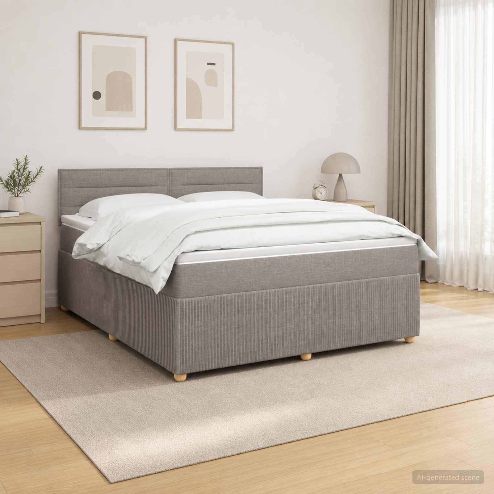 Minimalistisches Schlafzimmer mit einem grau gepolsterten Bett, weißer Bettwäsche, Nachttischen, gerahmten Kunstwerken, einer Lampe und einem hellen Teppich auf Holzfußboden.