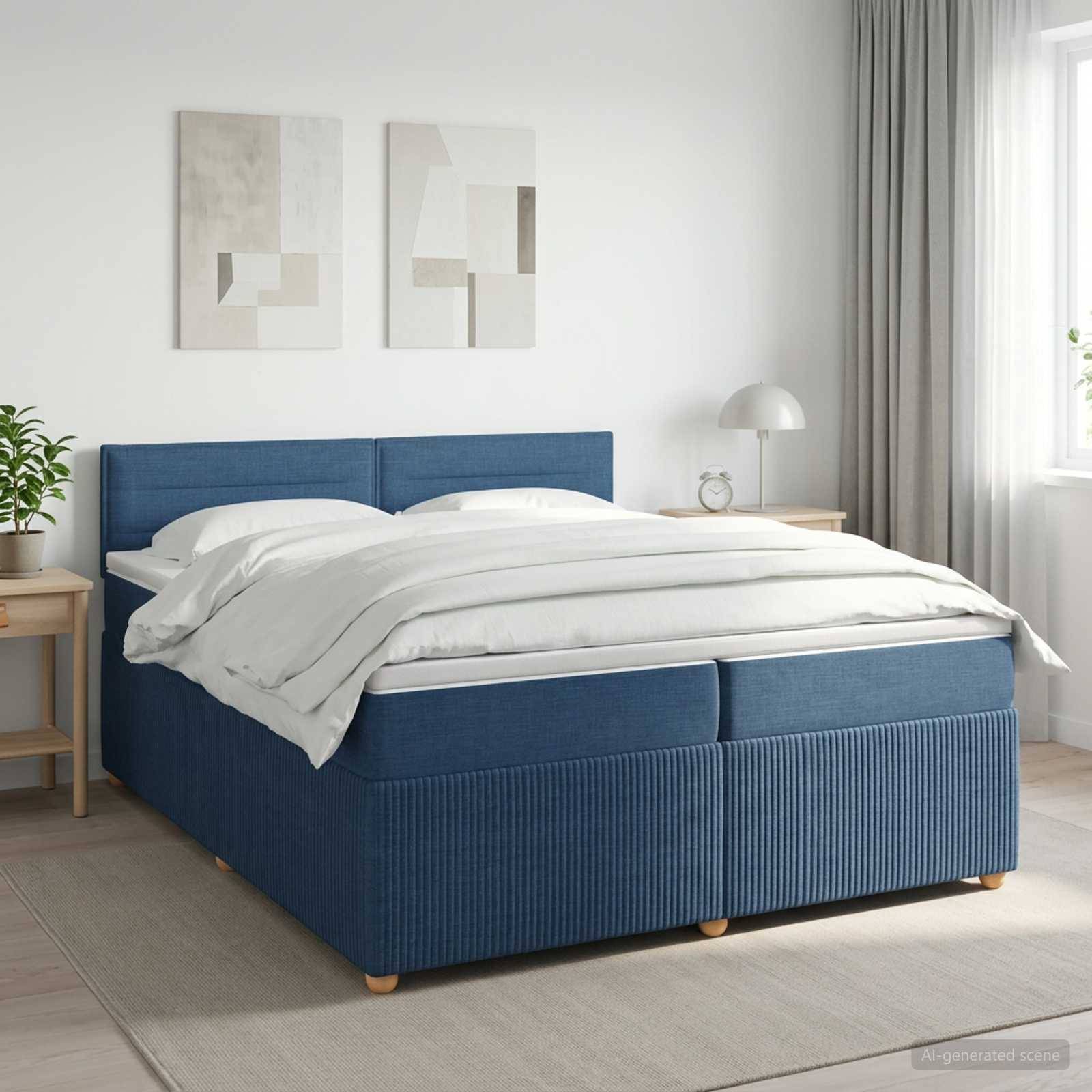 Blaues gepolstertes Bett mit weißer Bettwäsche in einem hellen, minimalistischen Schlafzimmer mit Nachttischen, Lampe, Wandkunst und großen Fenstervorhängen.
