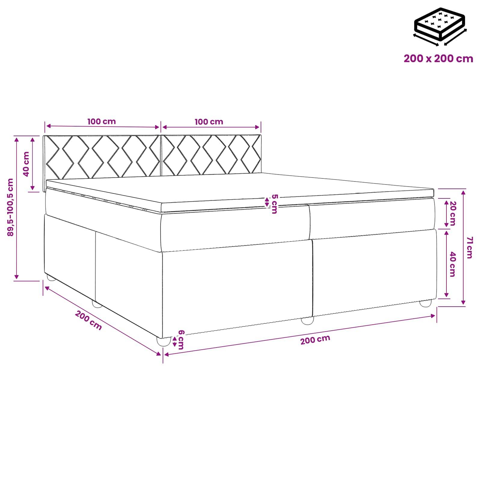 Dimensionierte Zeichnung eines Speicherbetts mit Kopfteil, das eine Matratzengrößevon 200 x 200 cm zeigt und beschriftete Maße für Gesamtlänge, Breite und Höhe aufweist.