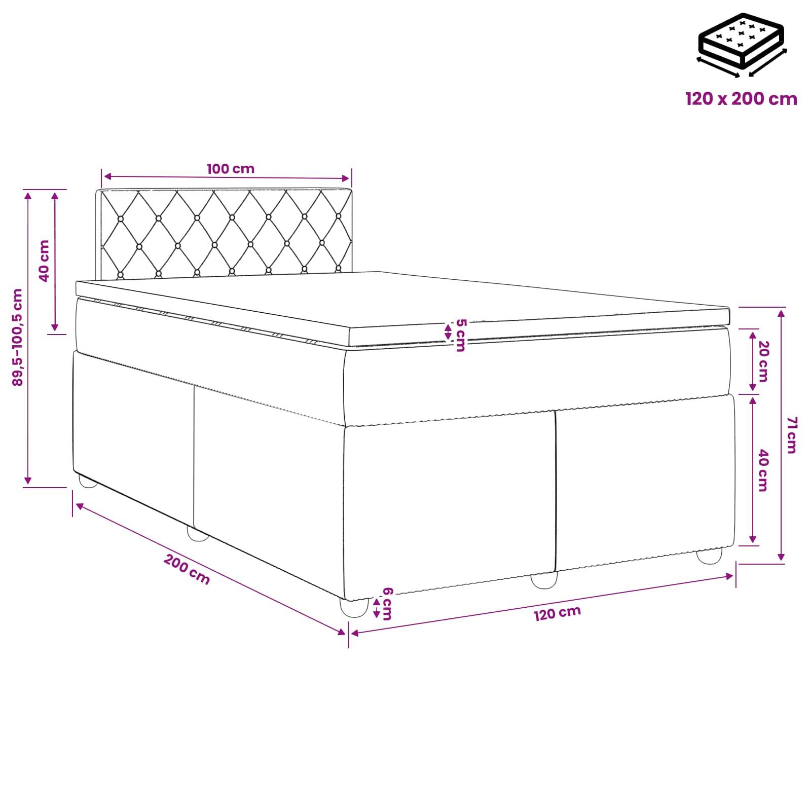 Maßstabgerechte Zeichnung eines Einzelbetts mit gepolstertem Kopfteil, zeigt Gesamtgröße 200 x 120 cm, Matratze 120 x 200 cm und wichtige Höhenmaße.