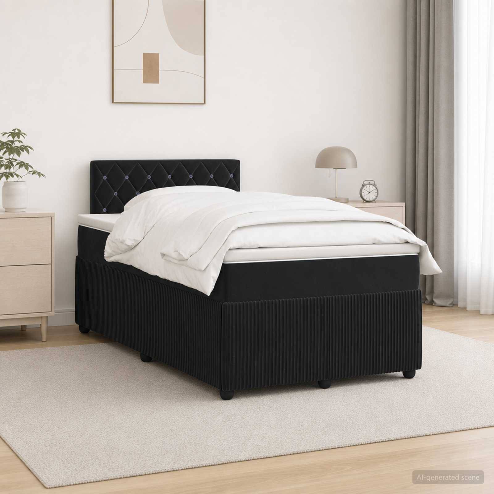 Schwarzes gepolstertes Einzelbett mit weißer Bettwäsche in einem minimalistischen Schlafzimmer, flankiert von einem Nachttisch und einer Lampe