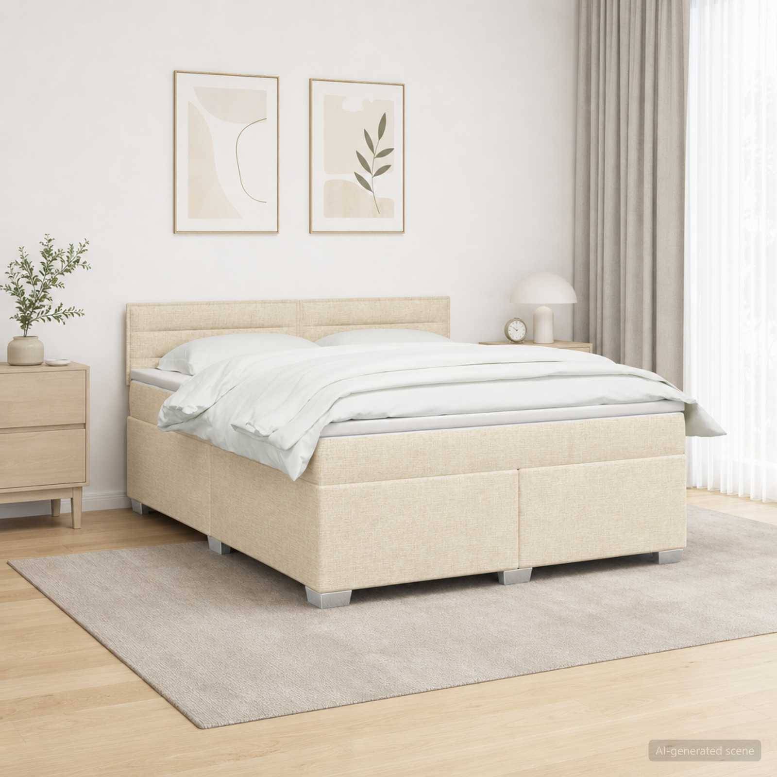 Ein beige gepolstertes Bett mit weißer Bettwäsche in einem minimalistischen Schlafzimmer, mit gerahmten Wandkunstwerken, einem Nachttisch, einer Lampe, Vorhängen und einem neutralen Teppich.