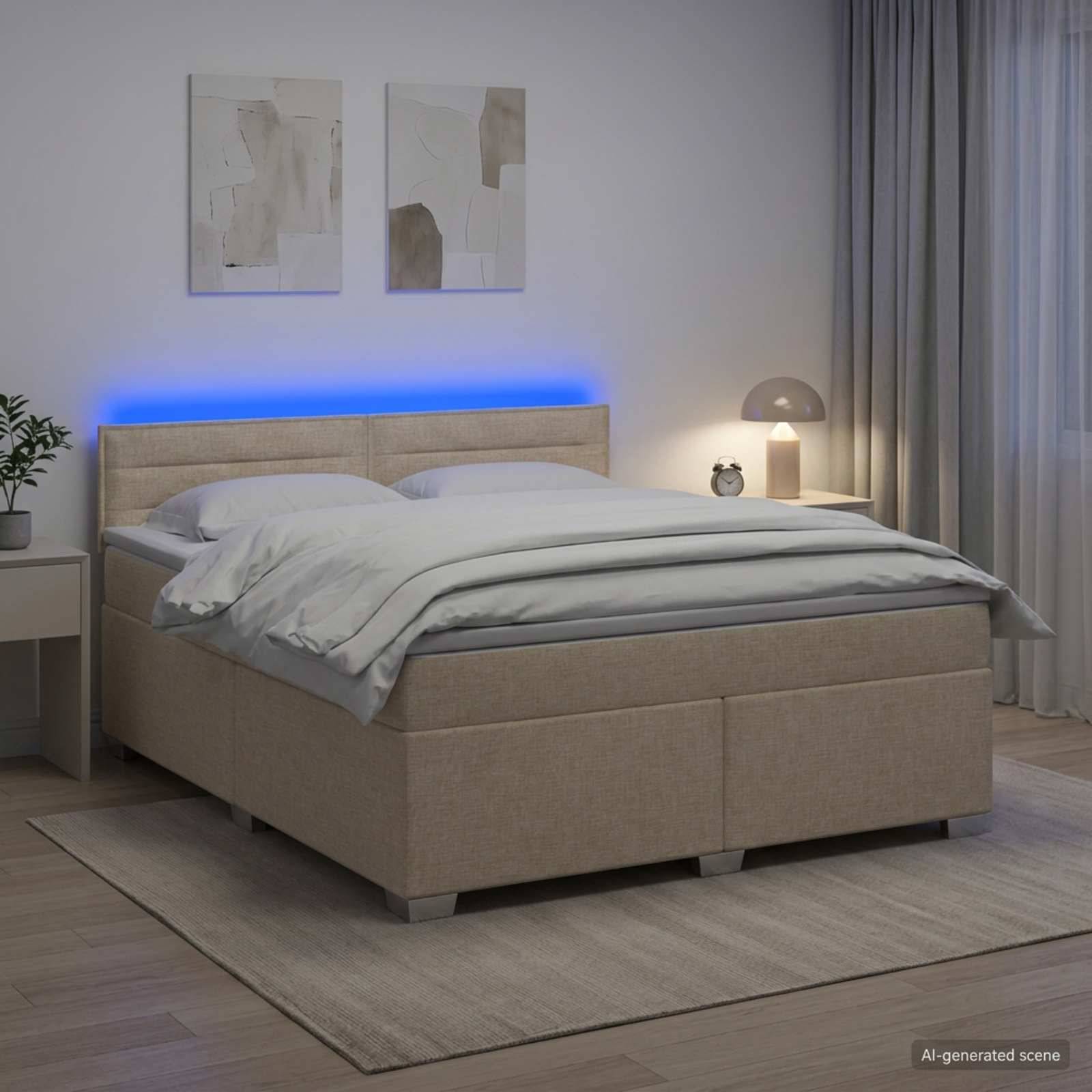 Modernes Schlafzimmer mit beigem Polsterbett, das von blauer Hintergrundbeleuchtung beleuchtet wird, weißer Bettwäsche, Nachttisch, Lampe, Vorhängen und abstrakter Wandkunst.
