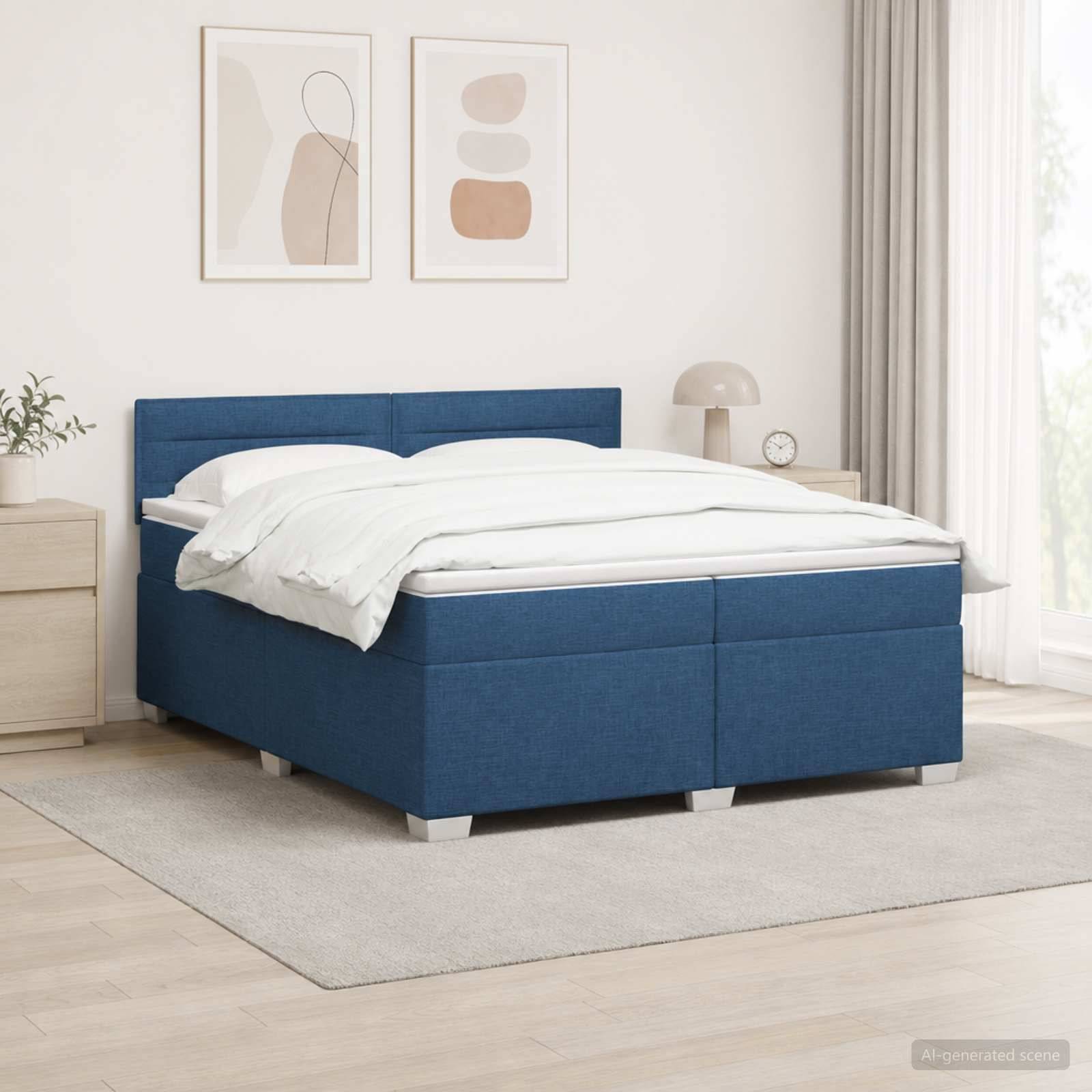 Blau gepolstertes Bett mit weißer Bettwäsche in einem hellen, minimalistischen Schlafzimmer, gezeigt auf einem hellen Teppich neben einem Nachttisch und einer Lampe.