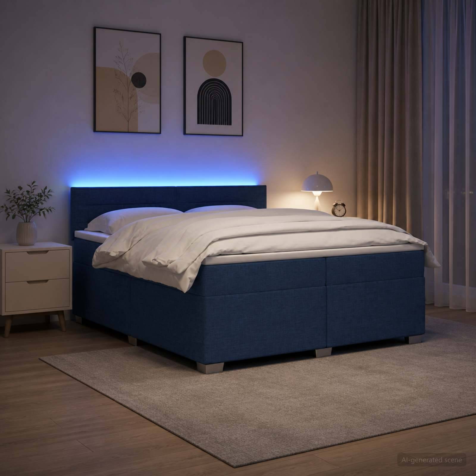Modernes Schlafzimmer mit einem blau gepolsterten Bett, das von einem blauen Kopfleuchten-Glühen beleuchtet wird, Nachttisch, Lampe, gerahmte Wandkunst und Teppich.