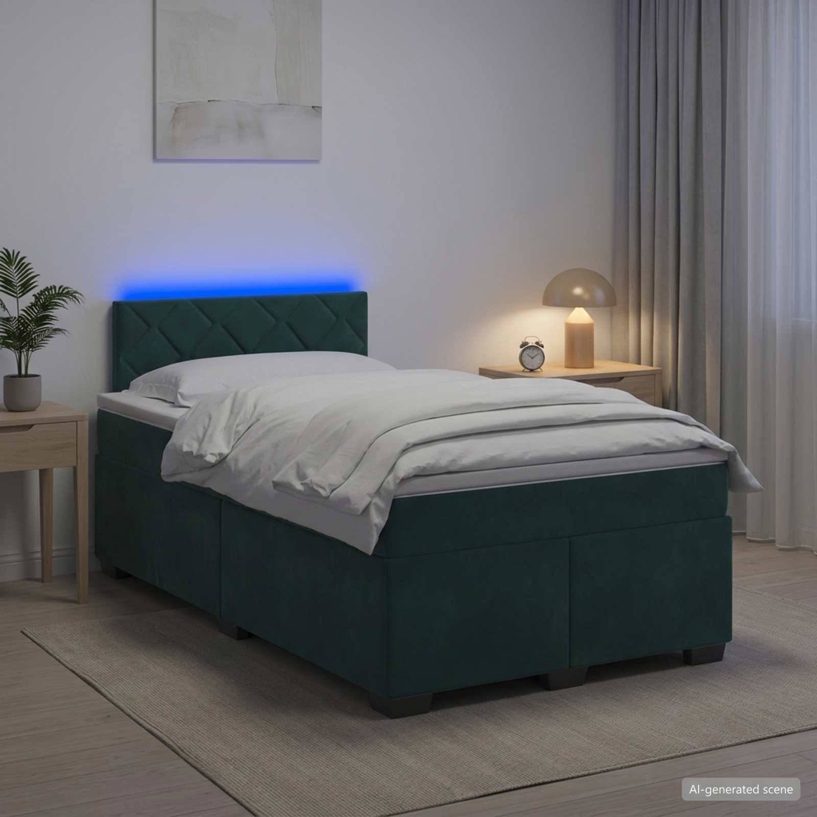 Modernes Schlafzimmer mit einem dunkelgrün gepolsterten Bett, weißer Bettwäsche, blauer Kopfleuchtenbeleuchtung, Nachttischlampe, Uhr und Gardinen.