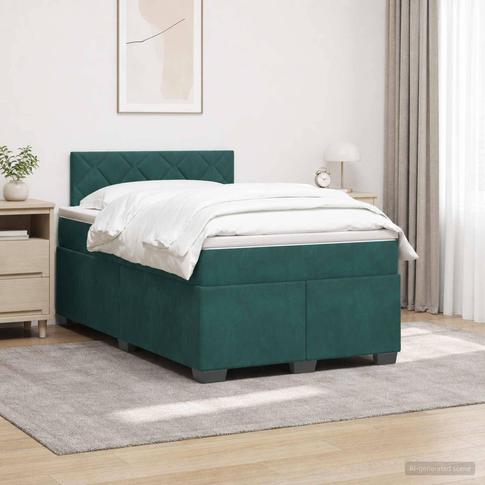 Grünes Polsterbett mit weißer Bettwäsche in einem hellen Schlafzimmer, dargestellt mit Nachttisch, Lampe, Vorhängen und gerahmter Wandkunst.