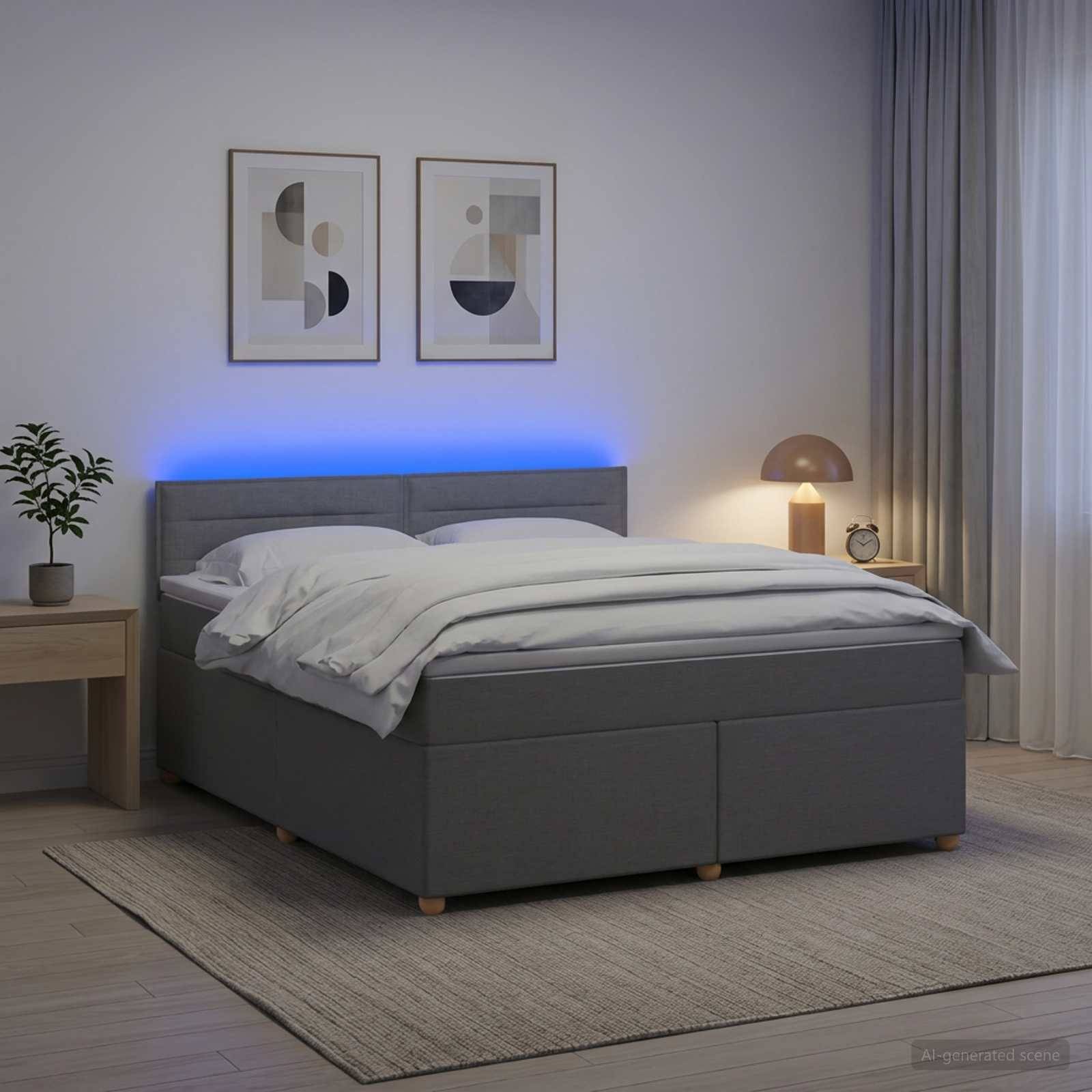 Modernes Schlafzimmer mit einem grauen Polsterbett, weißer Bettwäsche, blauer LED-Kopfleuchte, gerahmten Wandbildern, Nachttischlampen, einer Pflanze und Vorhängen.
