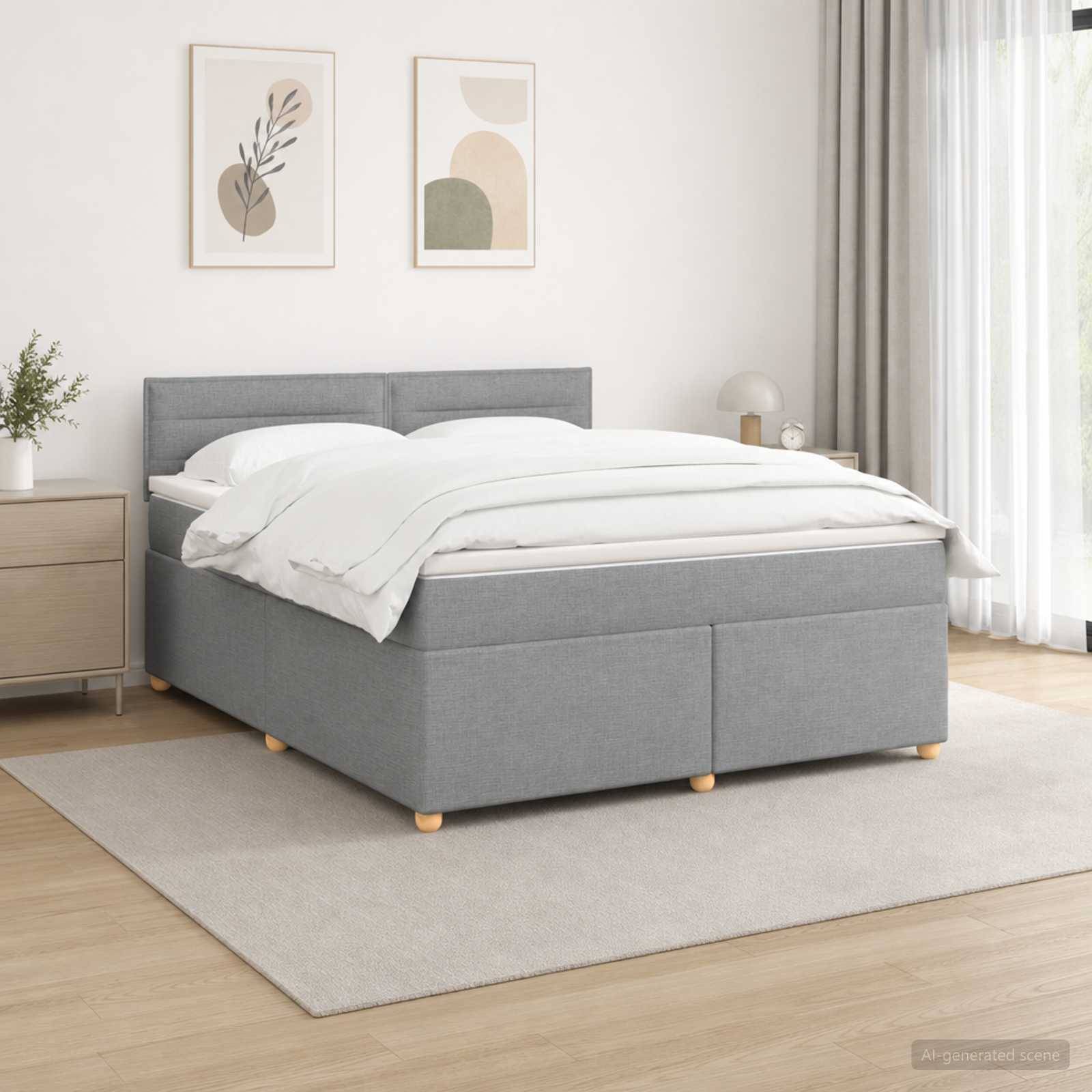 Modernes grau gepolstertes Bett mit weißer Bettwäsche in einem hellen, minimalistischen Schlafzimmer, dargestellt mit Wandkunst, Nachttisch und Vorhängen.