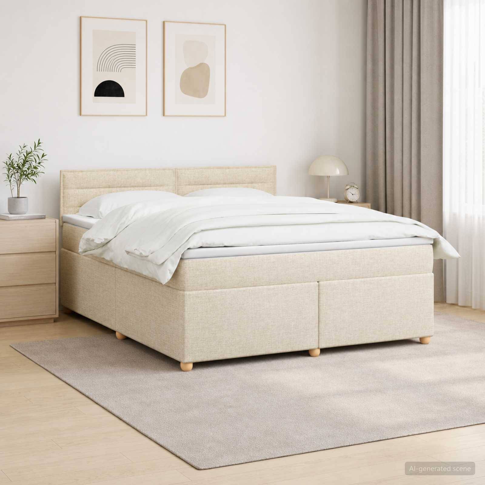 Minimalistisches beiges Polsterbett in einem hellen Schlafzimmer mit weißer Bettwäsche, Nachttisch, Lampe, gerahmtem Wandbild und neutralem Teppich.