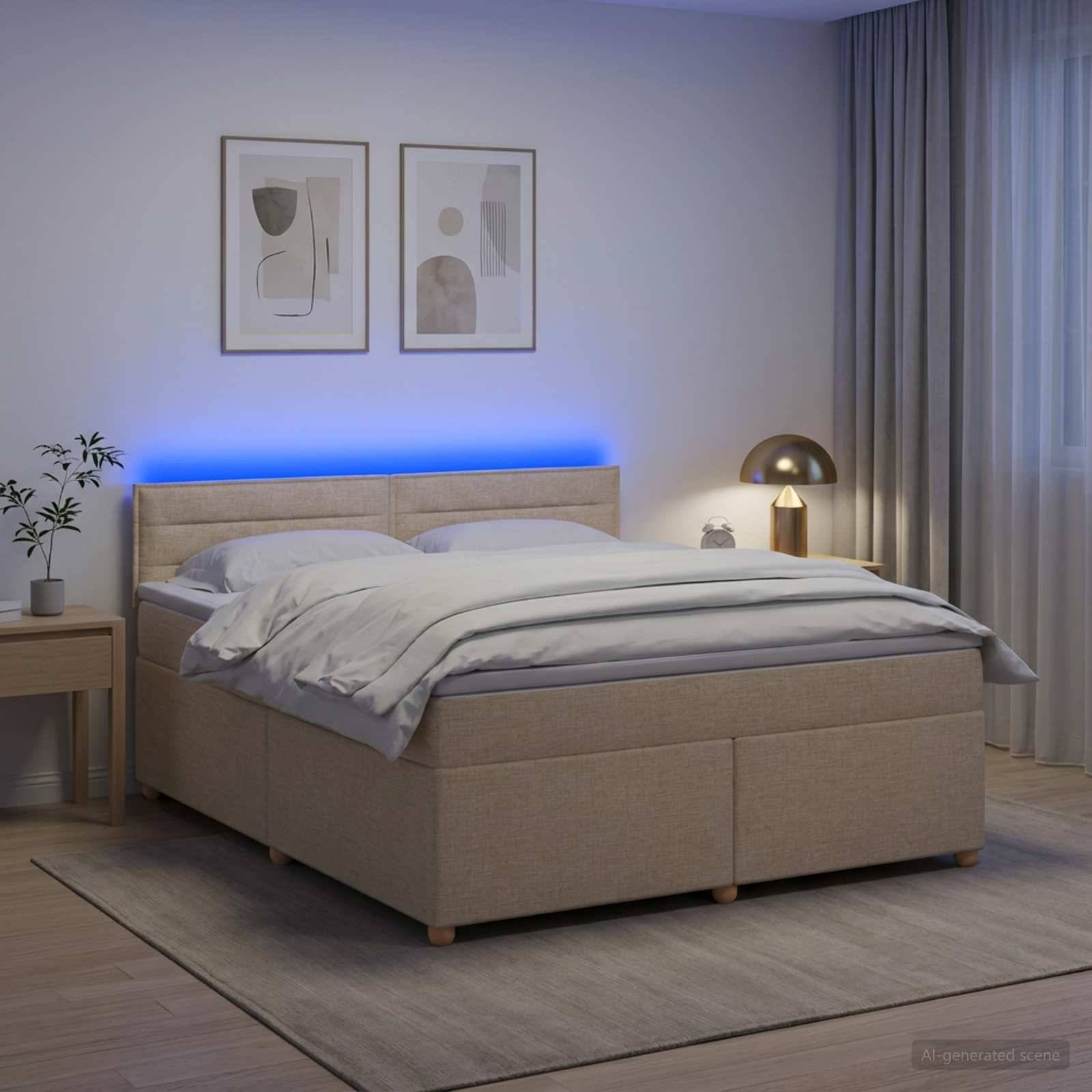 Modernes Schlafzimmer mit beigem gepolstertem Bett, weißer Bettwäsche, blauem hinterleuchteten Kopfteil, Nachttischlampe, Beistelltisch, Wandkunst im Rahmen und Vorhängen.