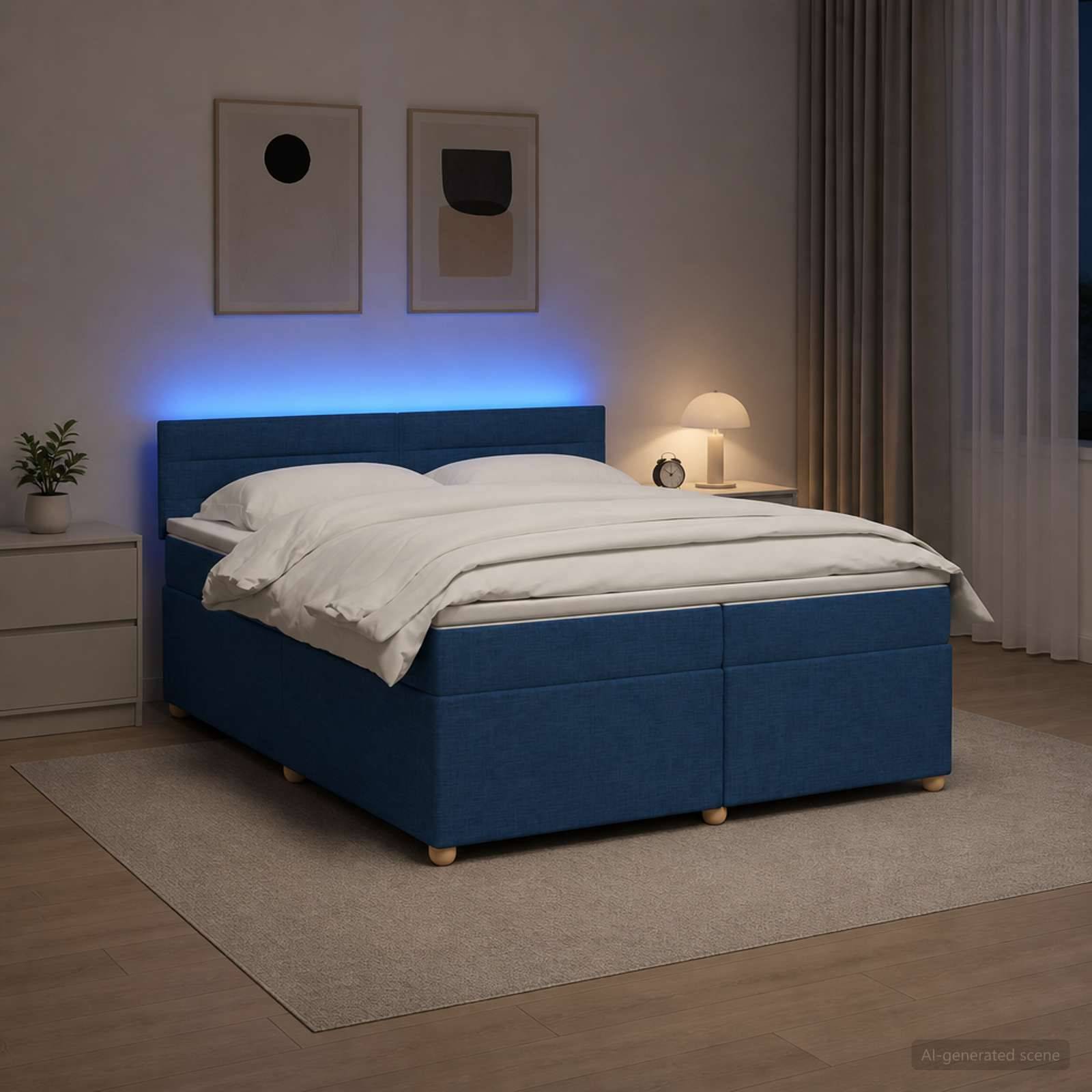 Blaues gepolstertes Bett mit weißer Bettwäsche und blauer Hintergrundbeleuchtung in einem modernen Schlafzimmer, mit Nachttischlampe, Pflanze und Wandkunst im Rahmen.