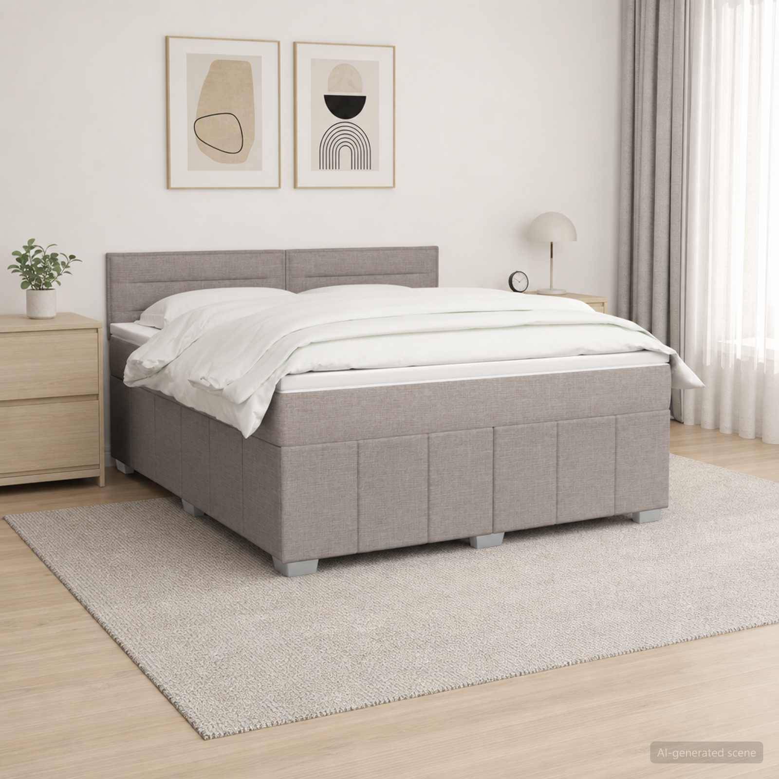 Modernes grau gepolstertes Bett mit weißer Bettwäsche in einem hellen minimalistischen Schlafzimmer, mit Nachttisch, Lampe, Pflanze, Wandkunst und Teppich.