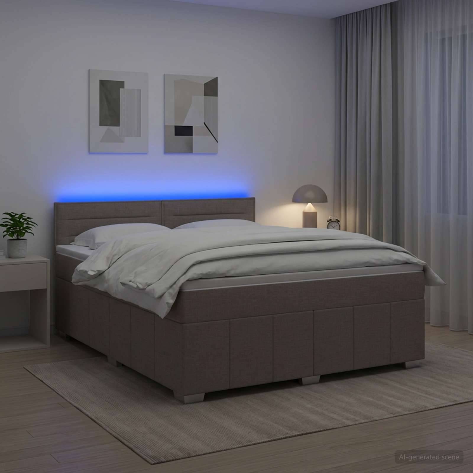 Modernes Schlafzimmer mit gemachtem Bett, blauer LED-Kopfleuchtenbeleuchtung, Nachttischlampe, Vorhängen und minimalistischer Wandkunst.